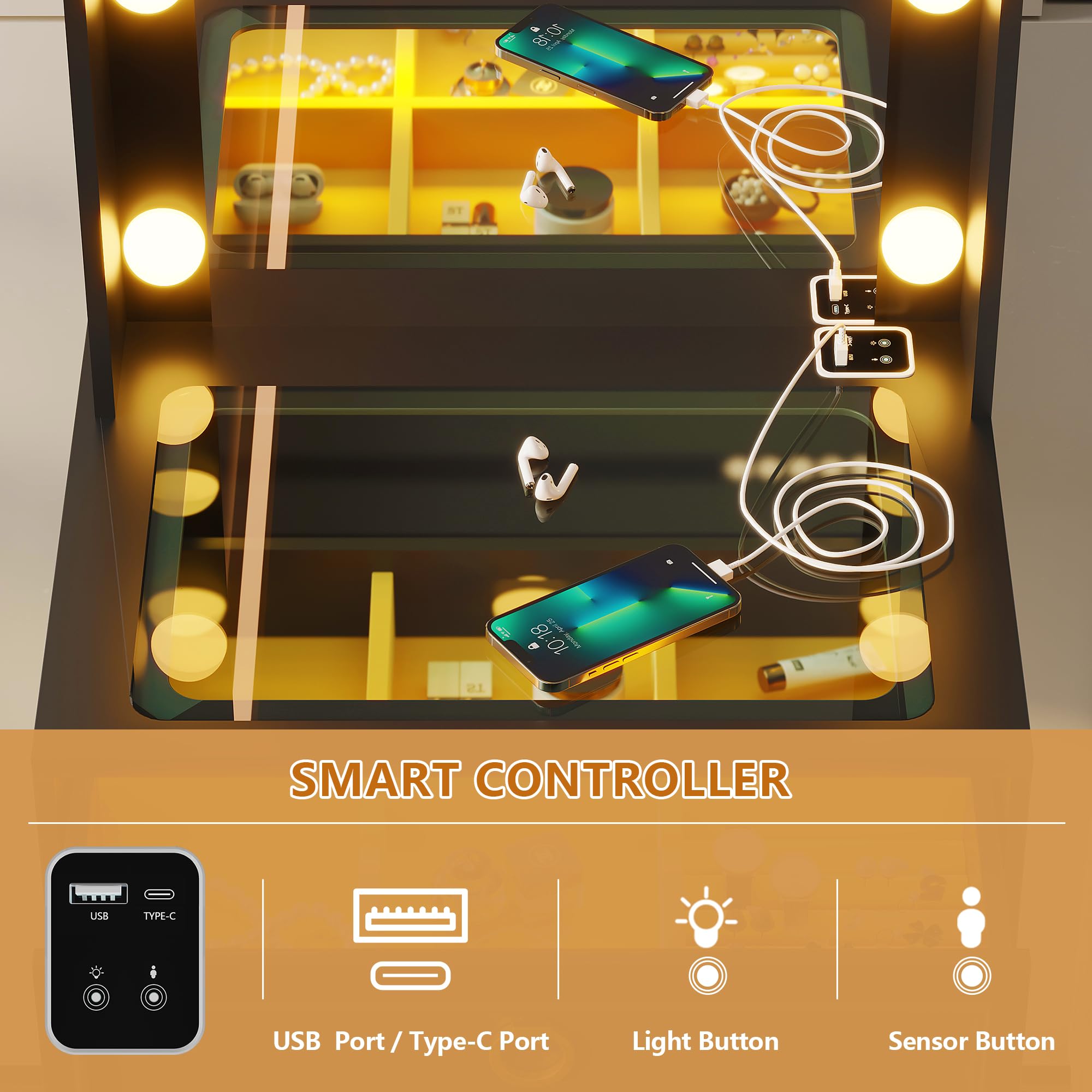 LVSOMT Small Makeup Vanity with Glass Top - Black Vanity Desk with LED Lighted Mirror & Motion Sensor - Mini Dressing Table for Bedroom, Apartment, Bathroom - Perfect for Makeup Application & Beauty Routine