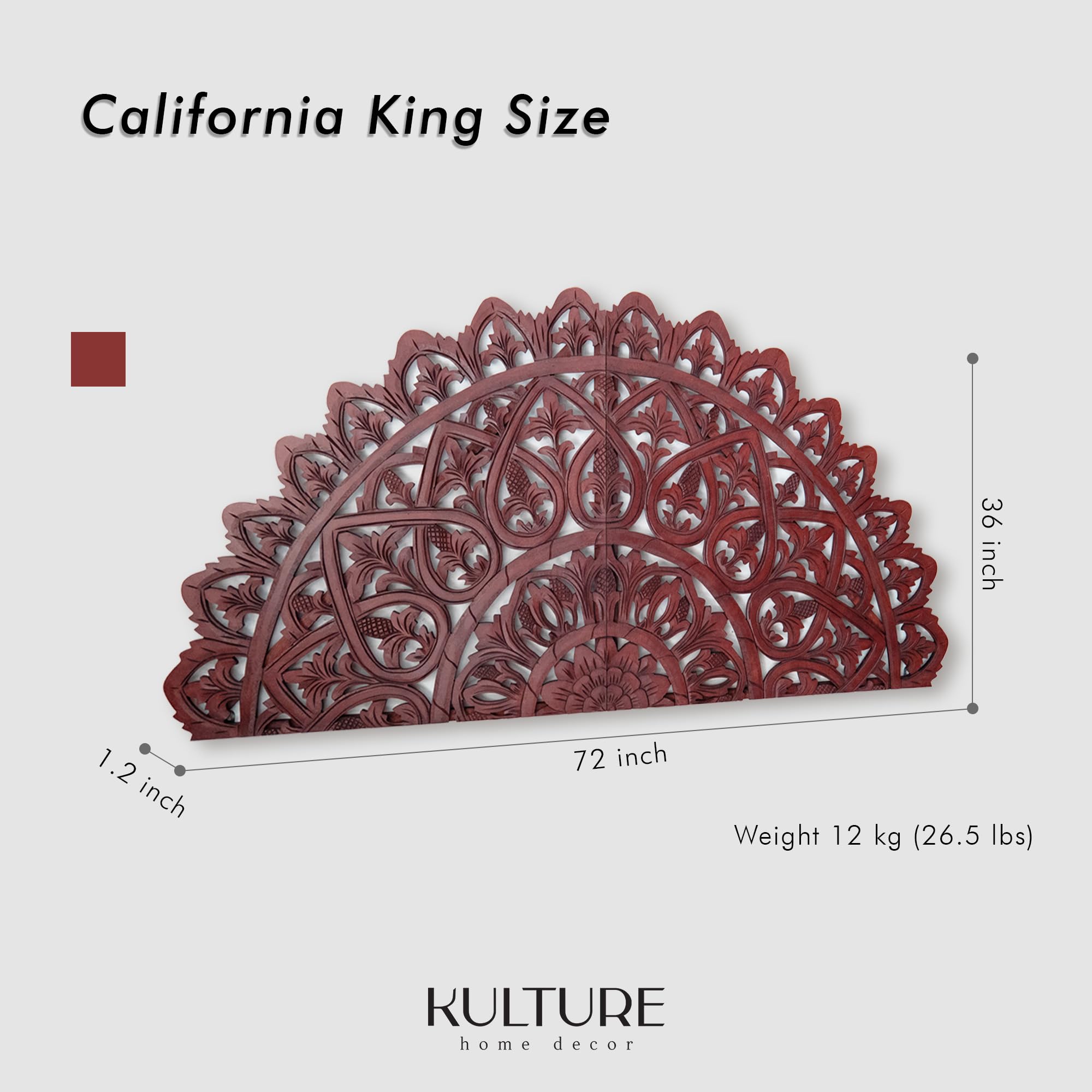 Rustic Half Moon King Wood Headboard - Carved Mahkota Dark Brown for Cal King Bed | Bedroom Decor