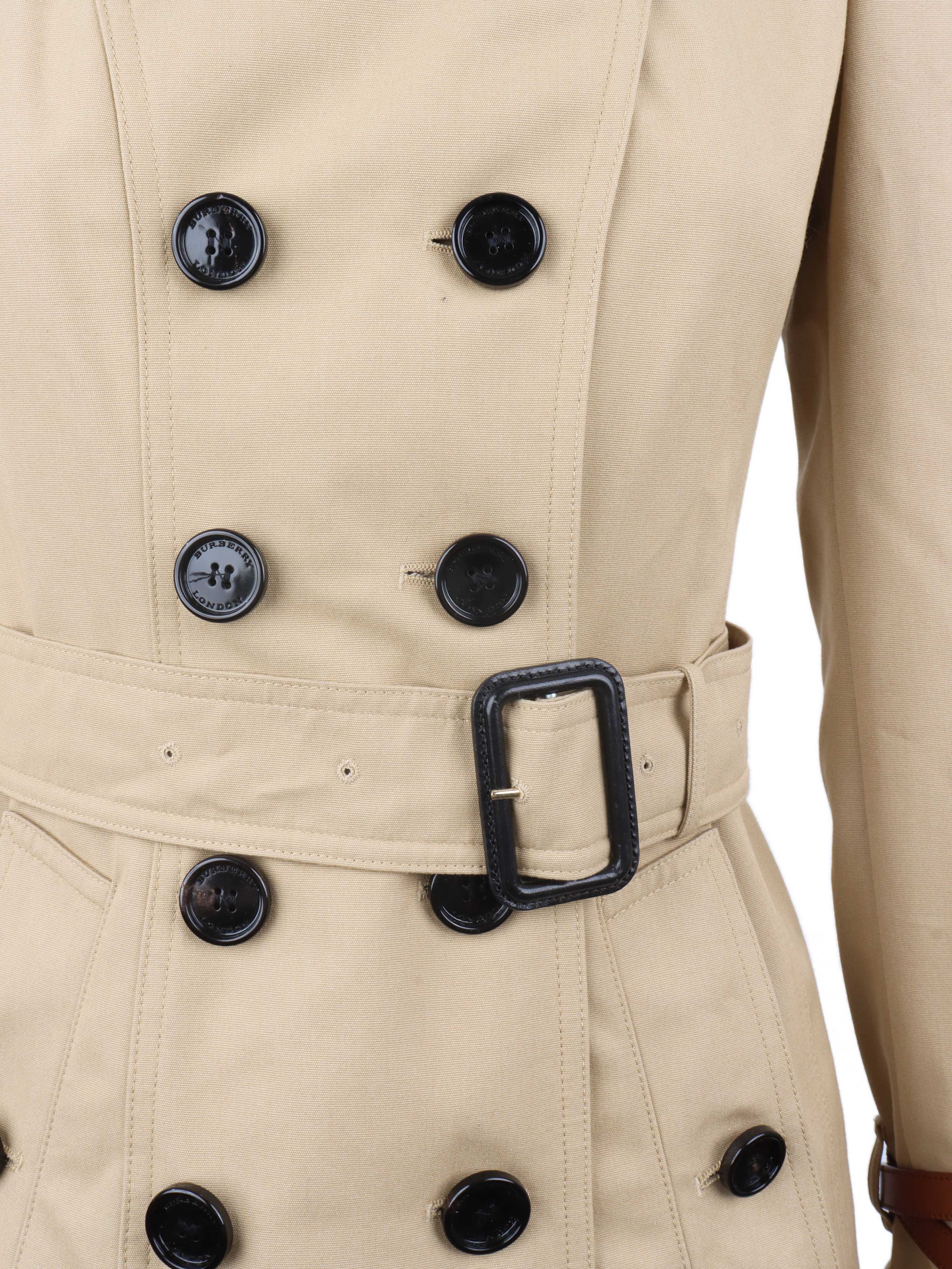 Burberry Tan Trench Coat with Leather Sleeve Straps - Classic Waterproof Raincoat for Women | Perfect for Office, Travel & Formal Occasions