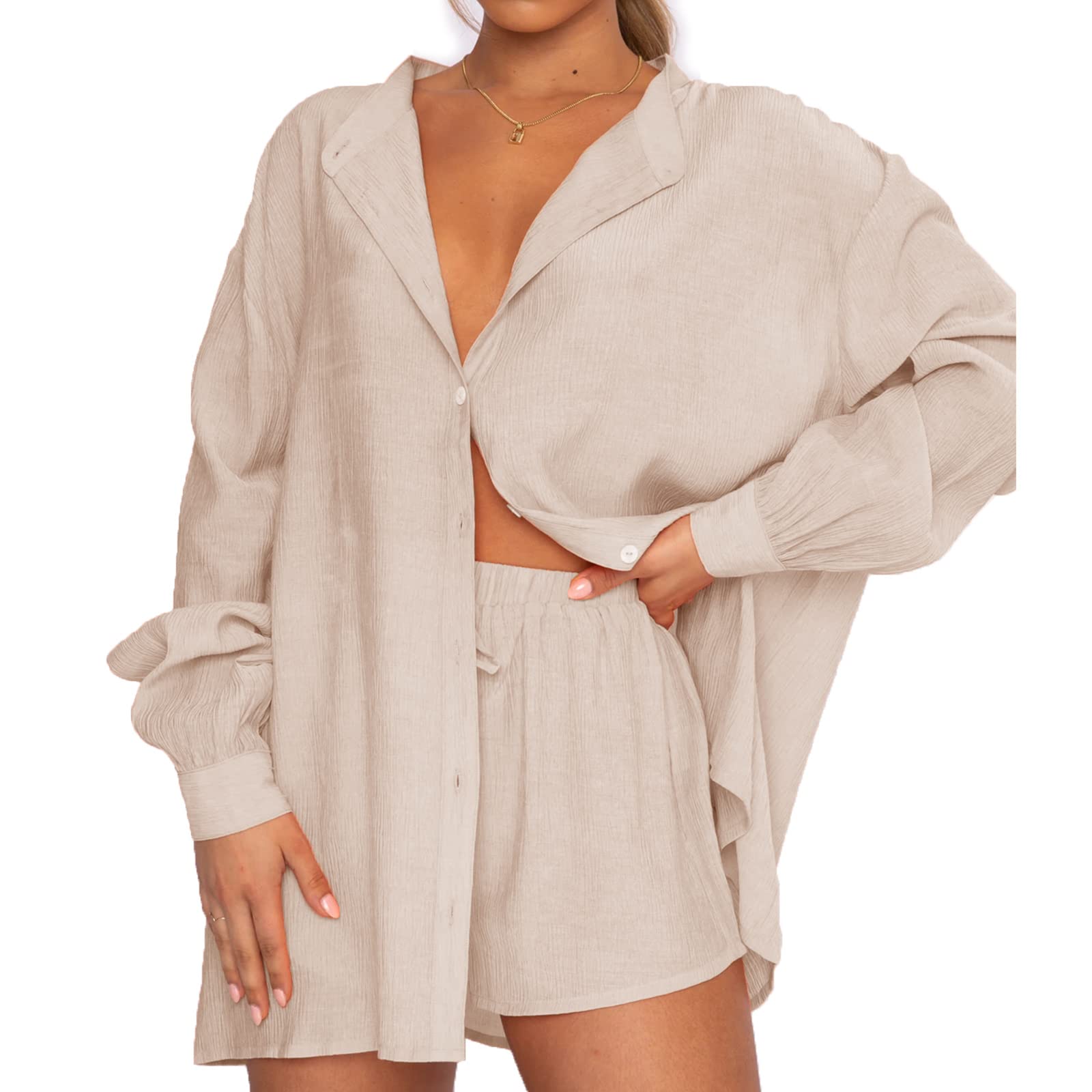 Winioder Women's 2 Piece Summer Outfit - Long Sleeve Button Down Shirt & High Waist Loose Shorts Set | Casual Beachwear, Vacation Outfits, Street Style Tracksuit for Women