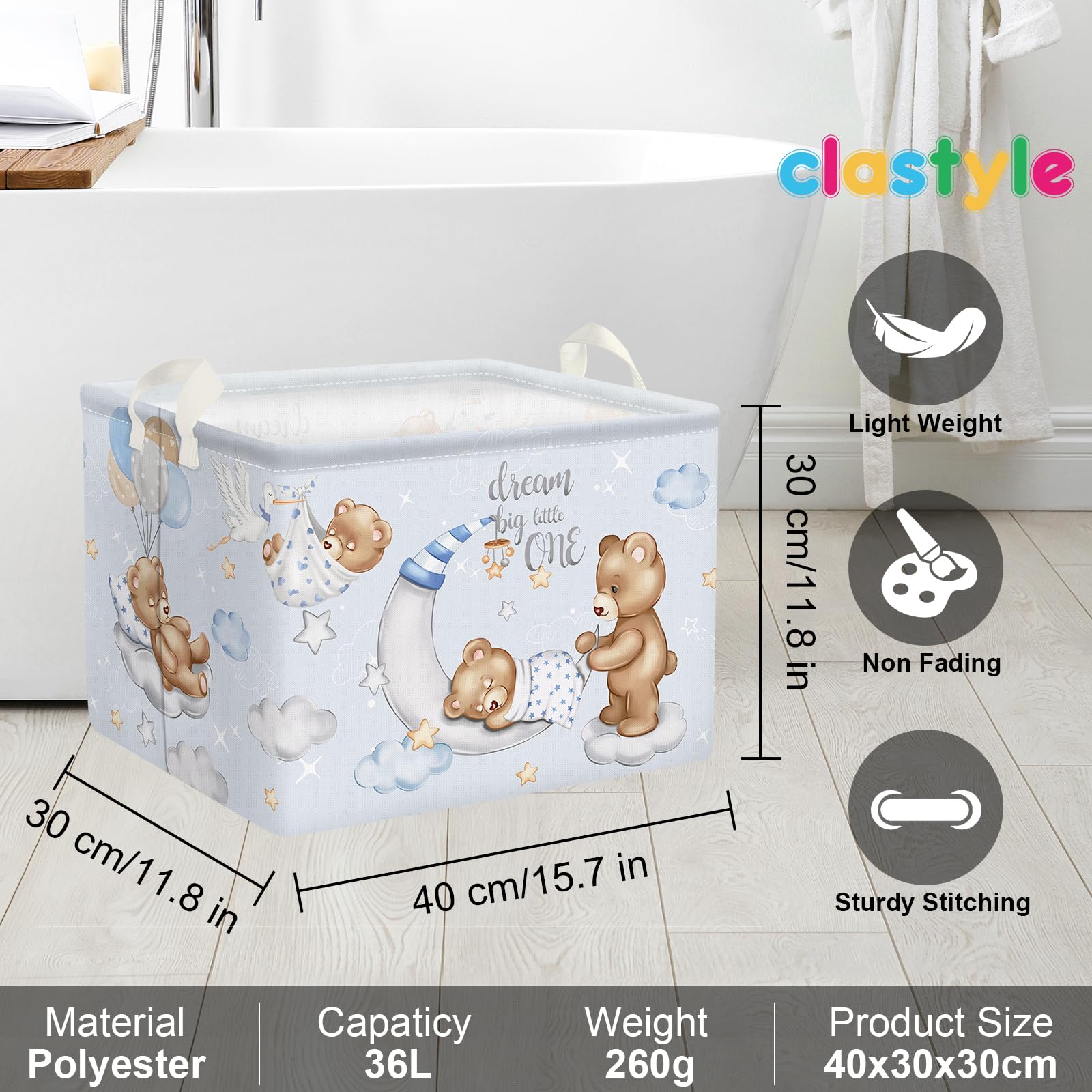 Clastyle Blue Rectangle Storage Basket for Baby Shower & Kids Room - Organize Clothes, Toys with Sleeping Bear, Balloons, Clouds, Stars & Moon Design - Perfect Nursery Decor & Toy Storage Solution
