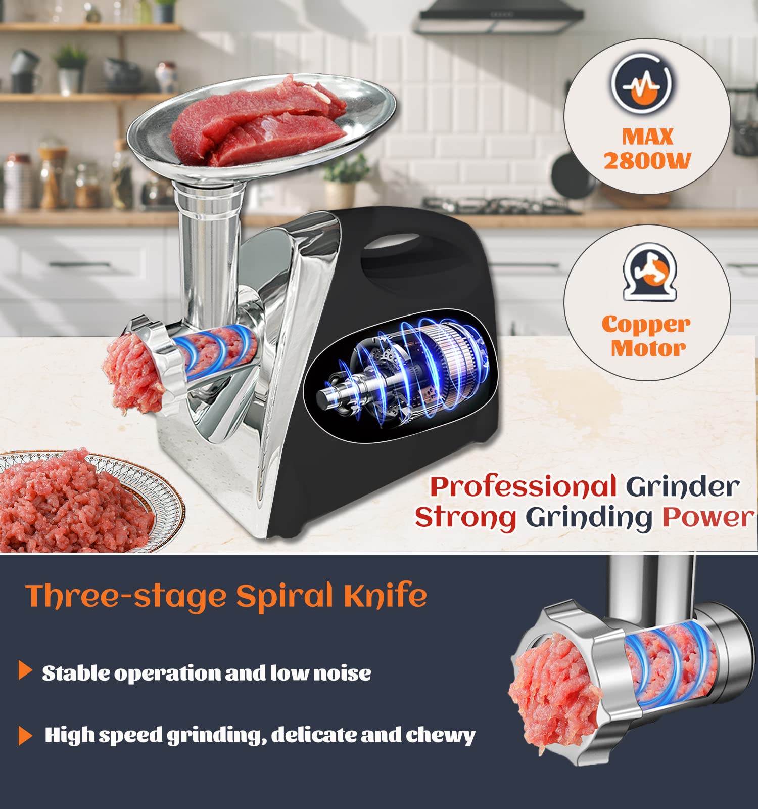 2800W Heavy Duty Electric Meat Grinder - Stainless Steel Sausage Maker & Mincer Machine with 3 Grinding Plates, Blade, Sausage Stuffer Tube & Kubbe Kit - Perfect for Home Kitchen, BBQ Parties & Butcher Shops (White Handle)