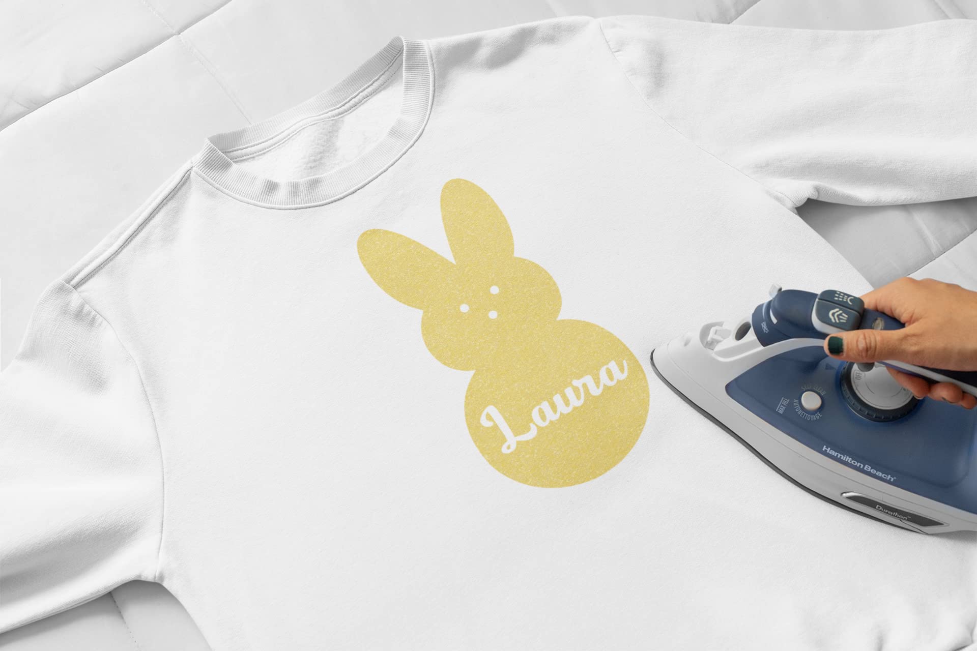 Custom Bunny Name Iron On Decal - Easter Bunny Applique Patch for Kids Clothing | Heat Transfer Vinyl for T-Shirts, Bags & DIY Crafts | Personalized Silhouette Easter Decoration (Flamingo Pink Glitter) - Perfect for Easter Gifts, Party Favors & Spring DIY Projects