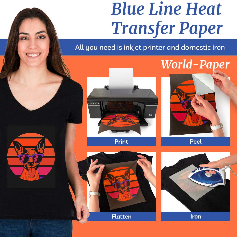 Blue Line Inkjet Dark Opaque Heat Transfer Paper 8.5 x 11 Inches - 50 Sheets Pack for T-Shirts, Hoodies & DIY Apparel Projects