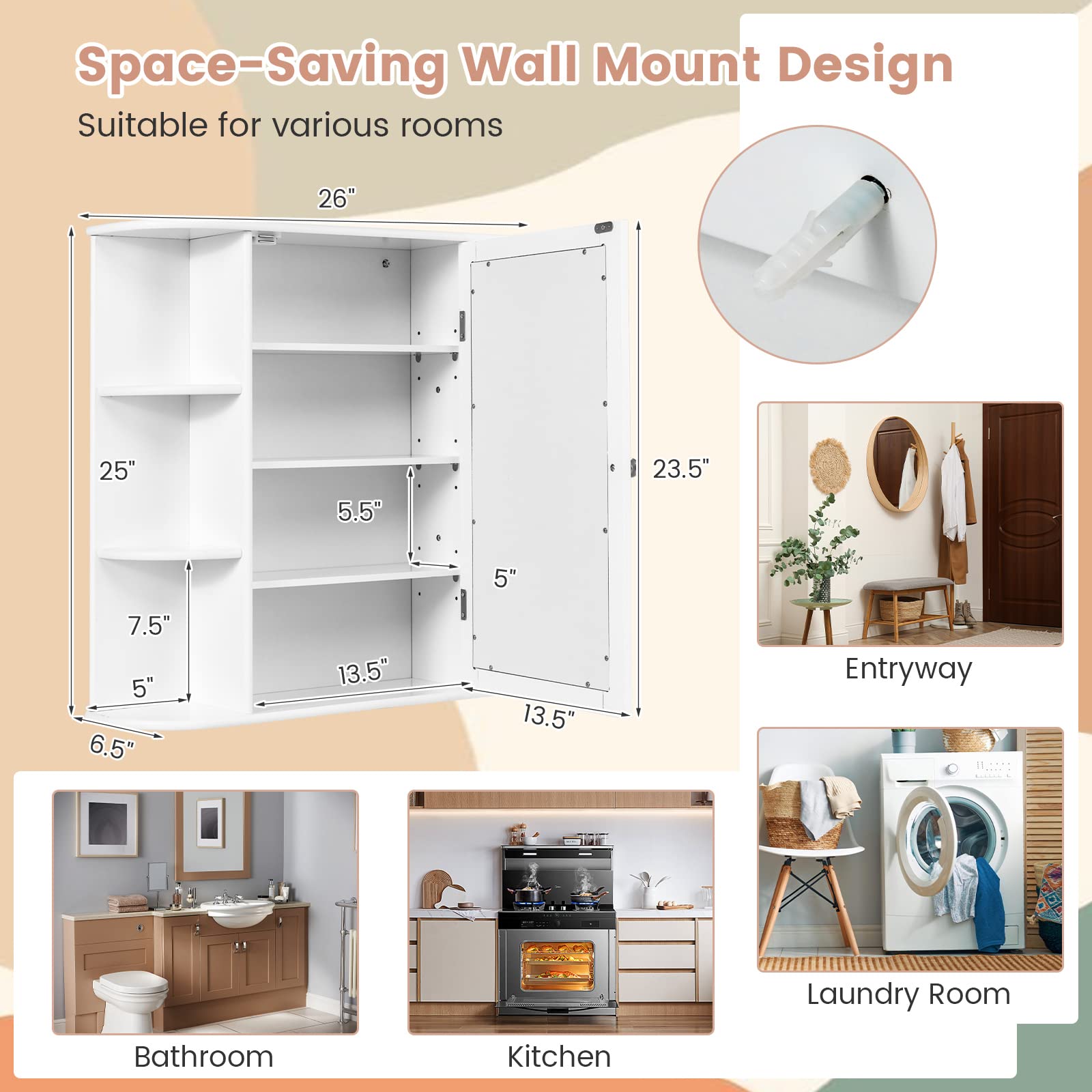 ARLIME Wall Mounted Bathroom Mirror Medicine Cabinet with 4 Adjustable Shelves & 6 Open Racks - White Wooden Storage Organizer for Bathroom, Bedroom & Entryway - Space Saving Hanging Cabinet for Toiletries, Cosmetics & Home Essentials