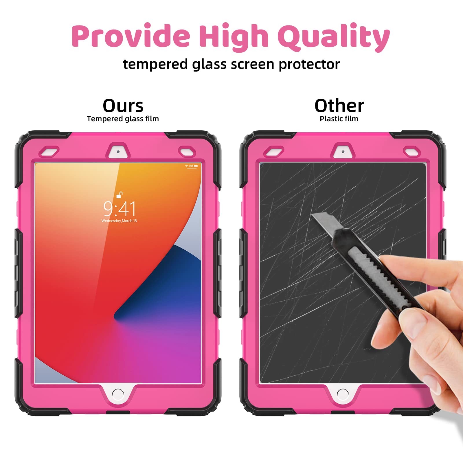 BLOSOMEET iPad 9th Generation Case 2021 (10.2 Inch) with Tempered Glass Screen Protector, Pencil Holder & Stand - Compatible with iPad 7th/8th Gen 2020 2019 - Protective Kids Cover with Adjustable Hand/Shoulder Strap (Rose Red) - Perfect for School, Travel & Home Use