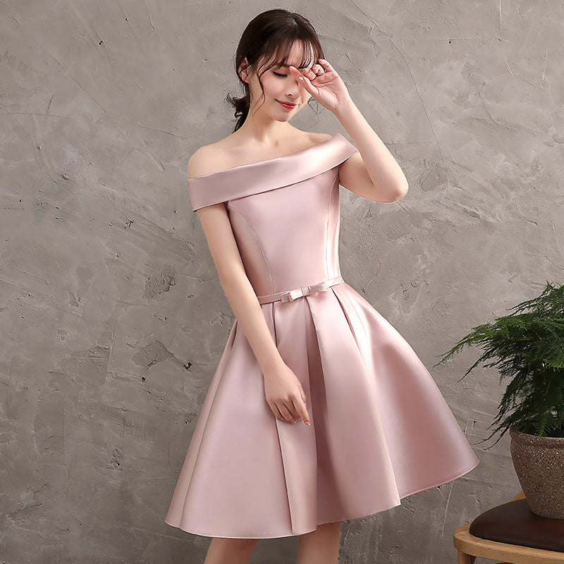 Elegant Off Shoulder Pink Satin Homecoming Dress - Short Bridesmaid Dress for Prom, Party & Special Occasions - Style 552
