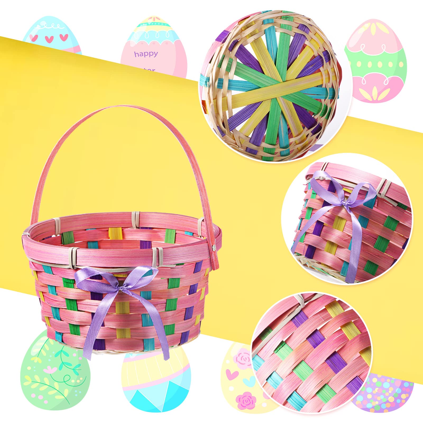 Yulejo Easter Woven Bamboo Basket Set - 12-Piece Round Small Handled Baskets for Easter Egg Hunt, Picnic Party Supplies & Birthday Decorations | Perfect for Spring Celebrations, Home Decor, and Gift Giving
