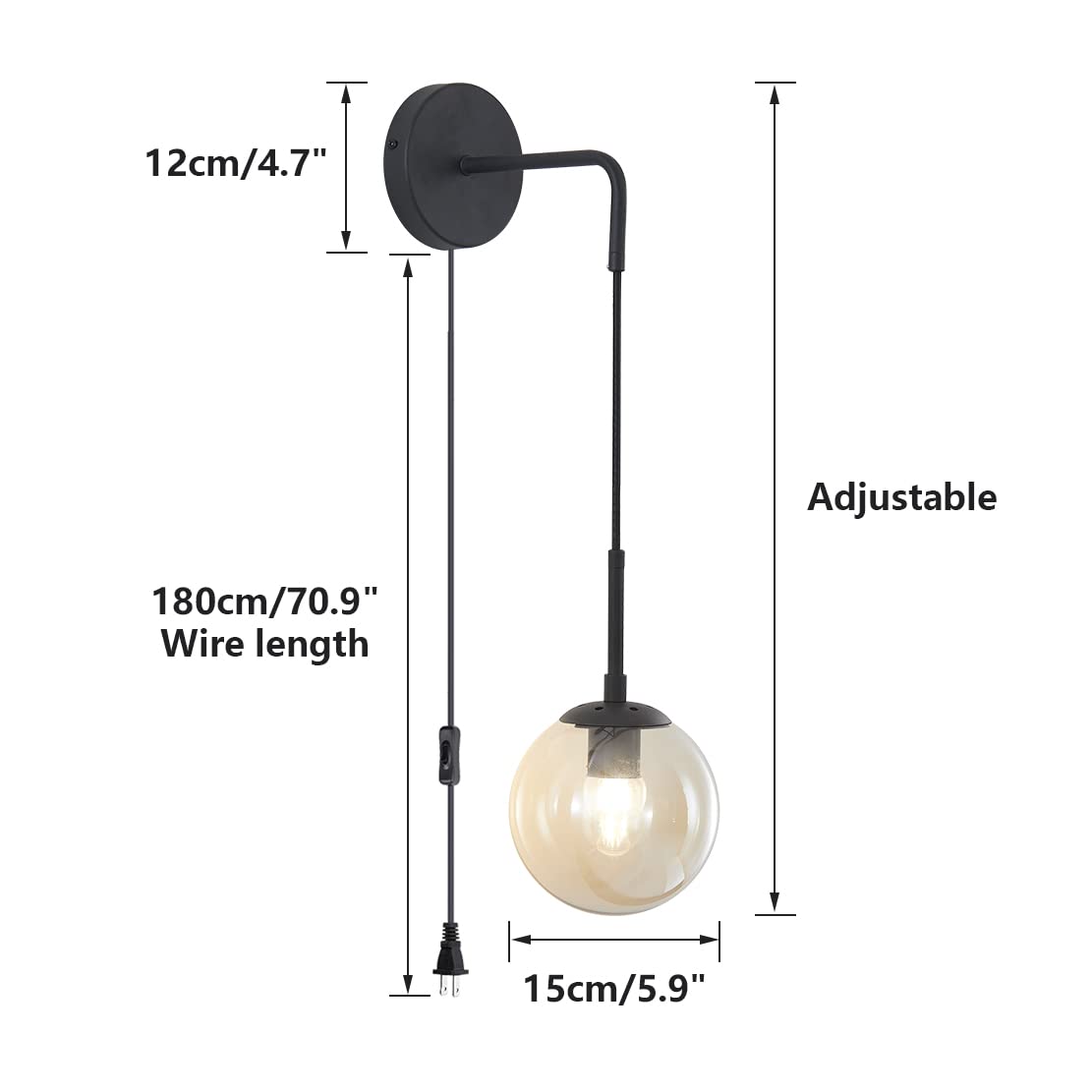 BOKT Matte Black Amber Glass Wall Sconce Light Set of 2 - Plug in Mid Century Modern Globe Wall Lamp for Farmhouse & Industrial Bathroom Decor - Perfect for Bedroom, Living Room, and Hallway Lighting
