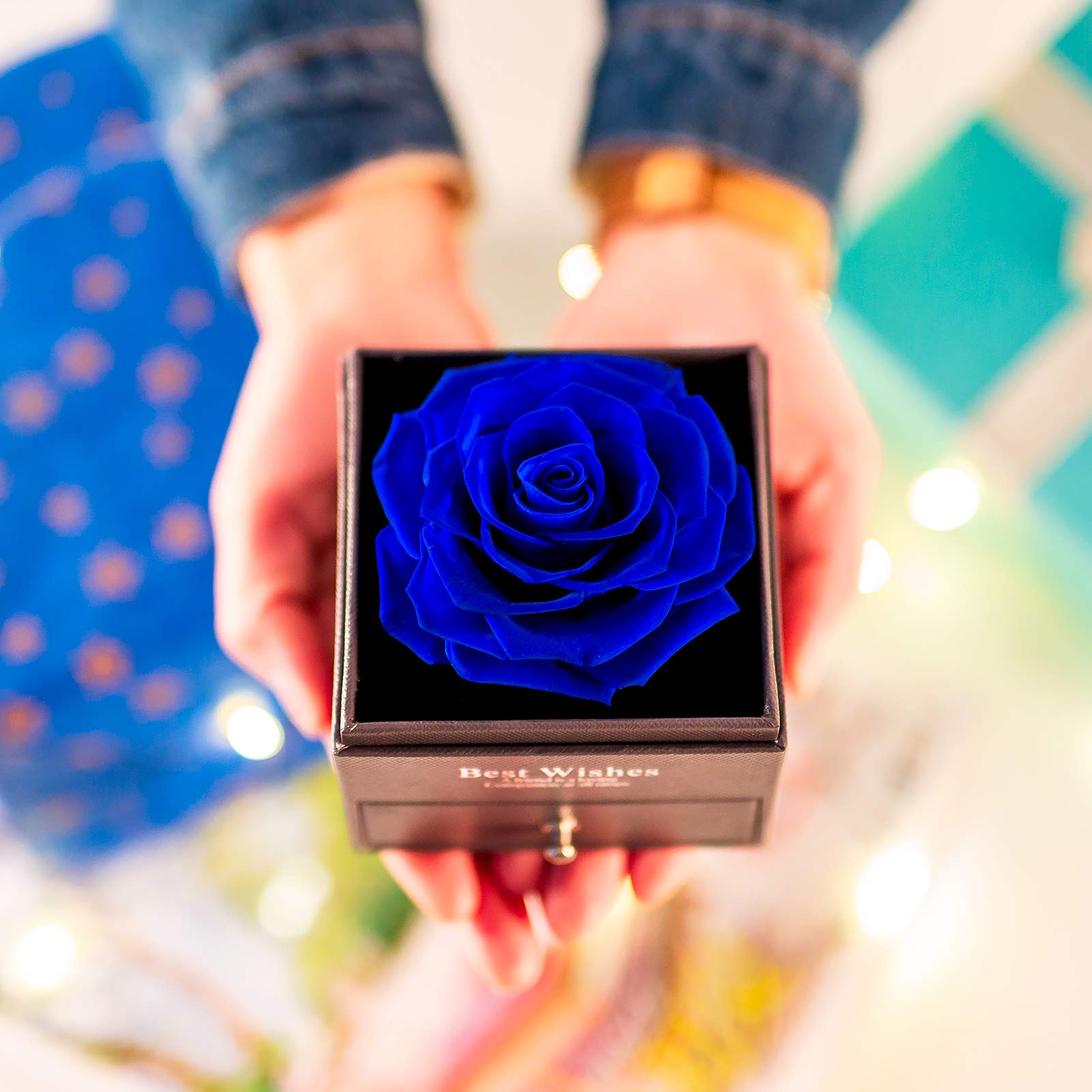 NUPTIO Preserved Fresh Rose in Jewelry Box - Eternal Infinity Rose Gift for Women, Blue Everlasting Flower for Wedding, Valentine's Day, Birthday & Mother's Day | Romantic Home Decor, Wedding Centerpiece, Luxury Gift Box for Special Occasions