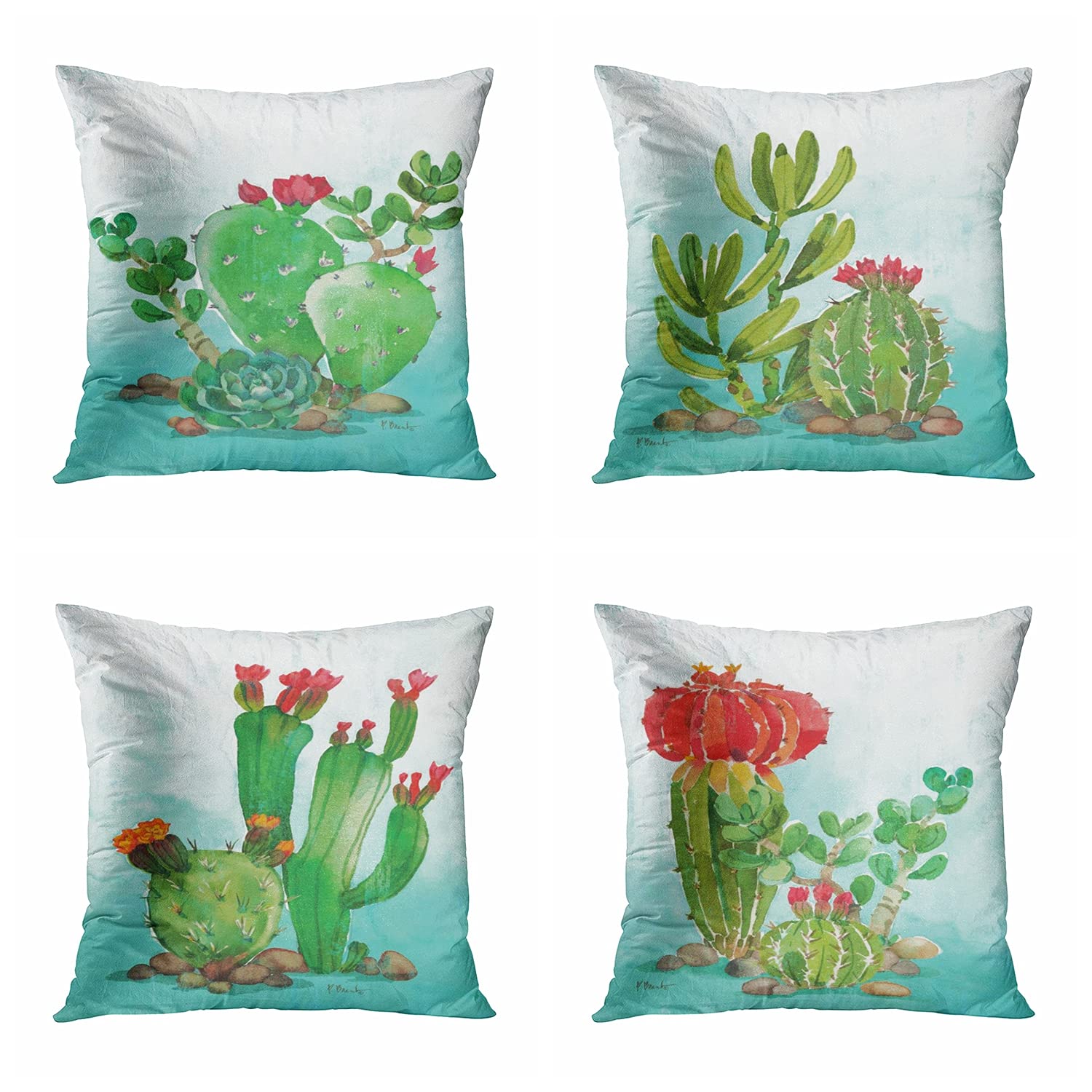 Set of 4 Watercolor Cactus Throw Pillow Covers 20x20 Inch - Square Decorative Sofa & Bed Cushion Covers - Perfect for Living Room, Bedroom & Outdoor Patio Decor