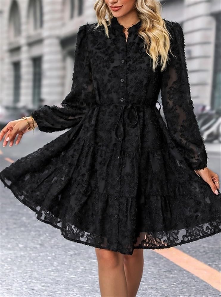 Floral Print Lace Long Sleeve Button Tunic Dress for Women - Elegant Tie Waist Maxi Dress for Office, Party & Special Occasions