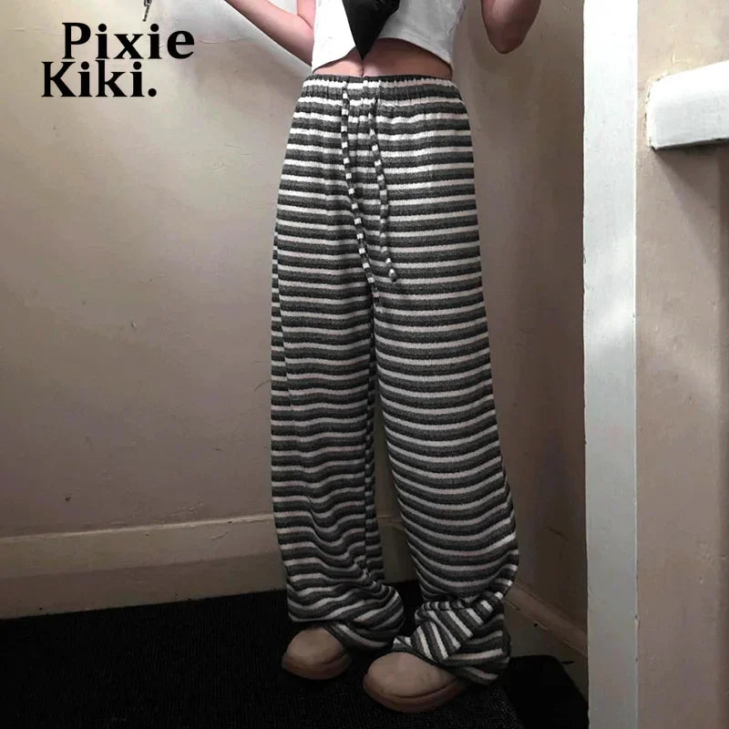 Y2K Black and White Striped Knitted Pants for Women - Cozy High Waist Drawstring Baggy Pants | Fall Winter Fashion | Perfect for Casual Outfits, Streetwear & Loungewear