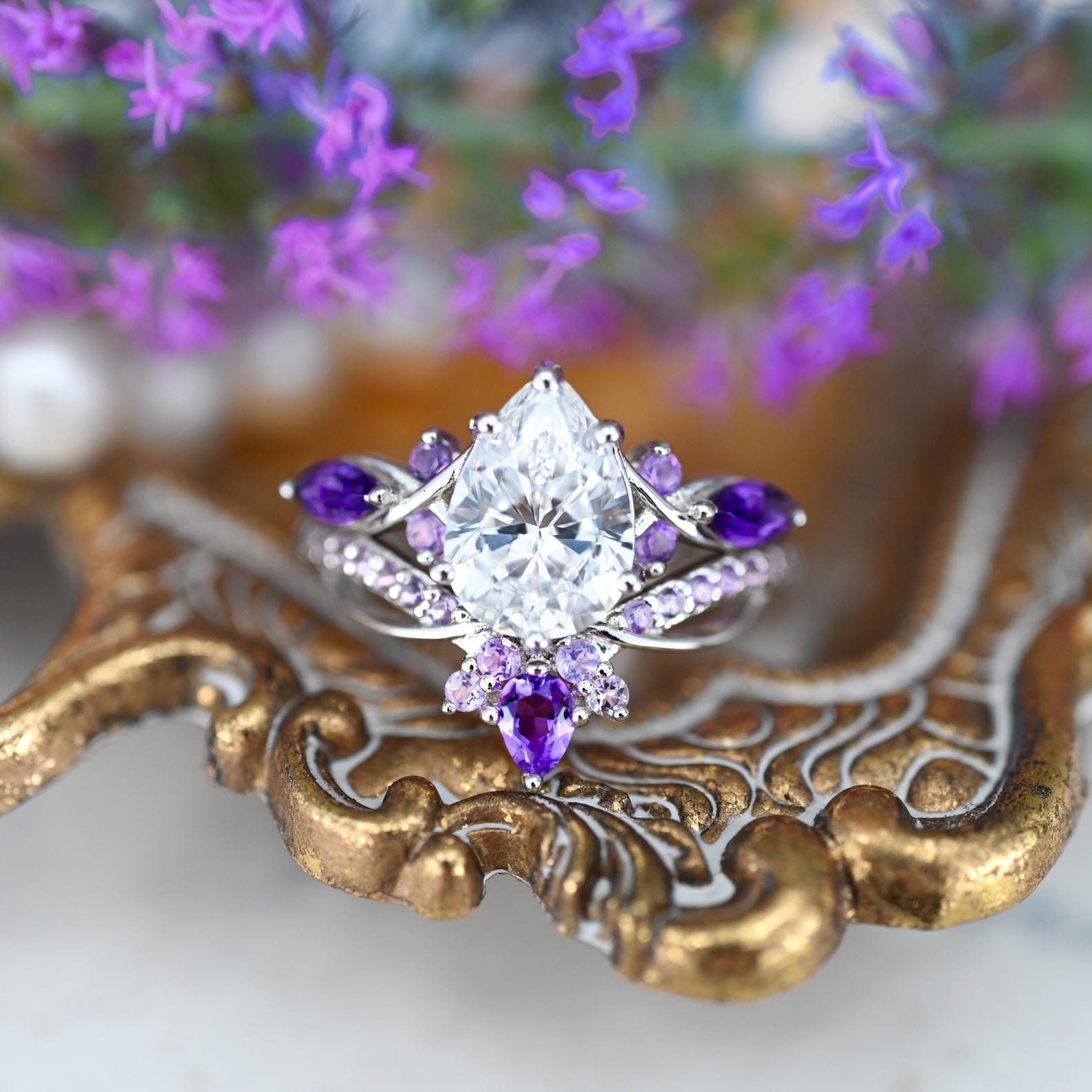 Feyra Natural Amethyst & Diamond (CZ) Engagement Ring Set in Sterling Silver - Elegant Wedding Jewelry for Proposals, Anniversaries & Special Occasions