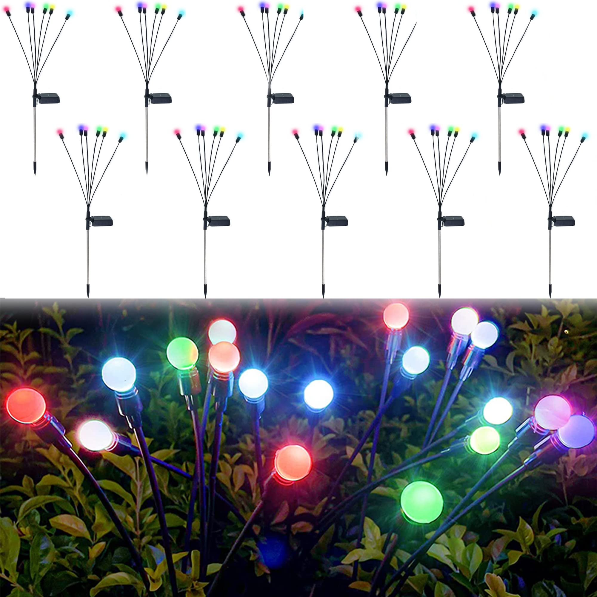 10 Pack Solar Powered Firefly Lights - Colorful Outdoor Garden Lights, Waterproof Solar Starburst Decorations for Yard & Patio - Warm White LED String Lights for Backyard, Pathway & Landscape Lighting