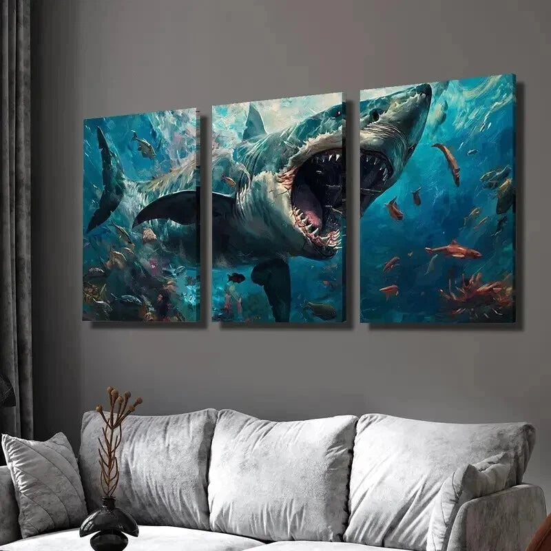 3-Piece Great White Shark Canvas Wall Art Set - Framed 50x70cm High Quality Print | Australian Made | Ready to Hang | Perfect for Living Room, Office & Marine Theme Decor
