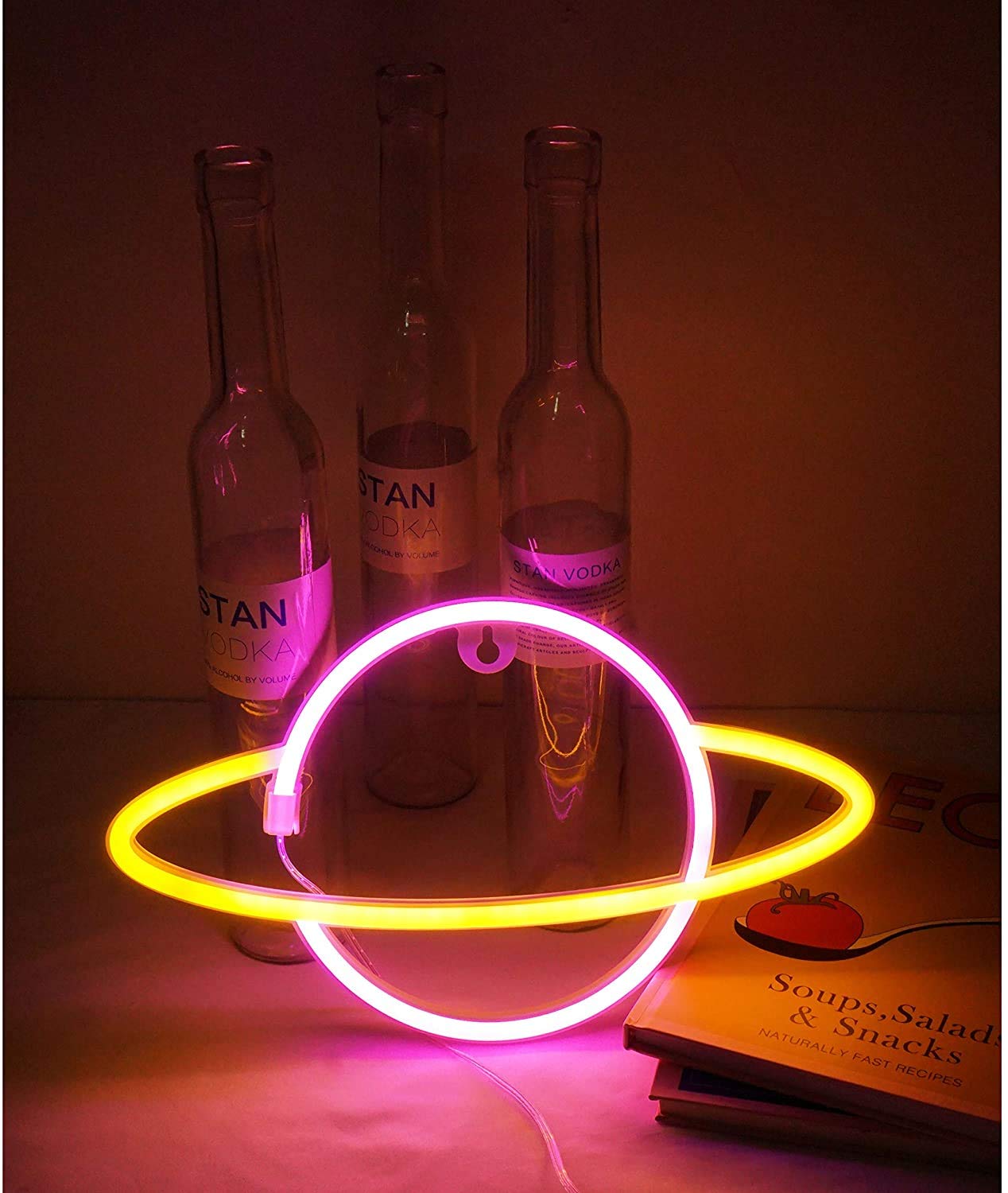 WONFAST LED Neon Sign - Planet Rocket Acrylic Night Light with Battery/USB Power, Wall Decor for Kids Room, Christmas, Birthday & Wedding Party (Pink/Yellow) - Perfect for Bedroom, Nursery, Game Room & Home Decor