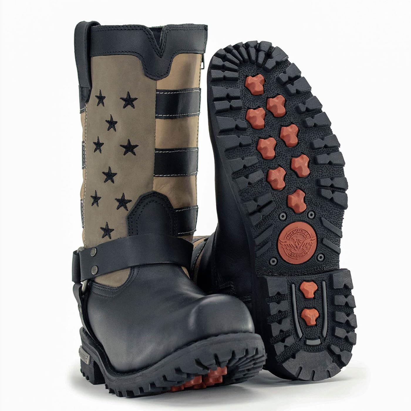 Milwaukee Leather Men's Stars and Stripes Black with Tan Motorcycle Boots - Harness Riding Boots for Men Size 7.5 (MBM9045) - Perfect for Cruising, Biker Events & Motorcycle Rides