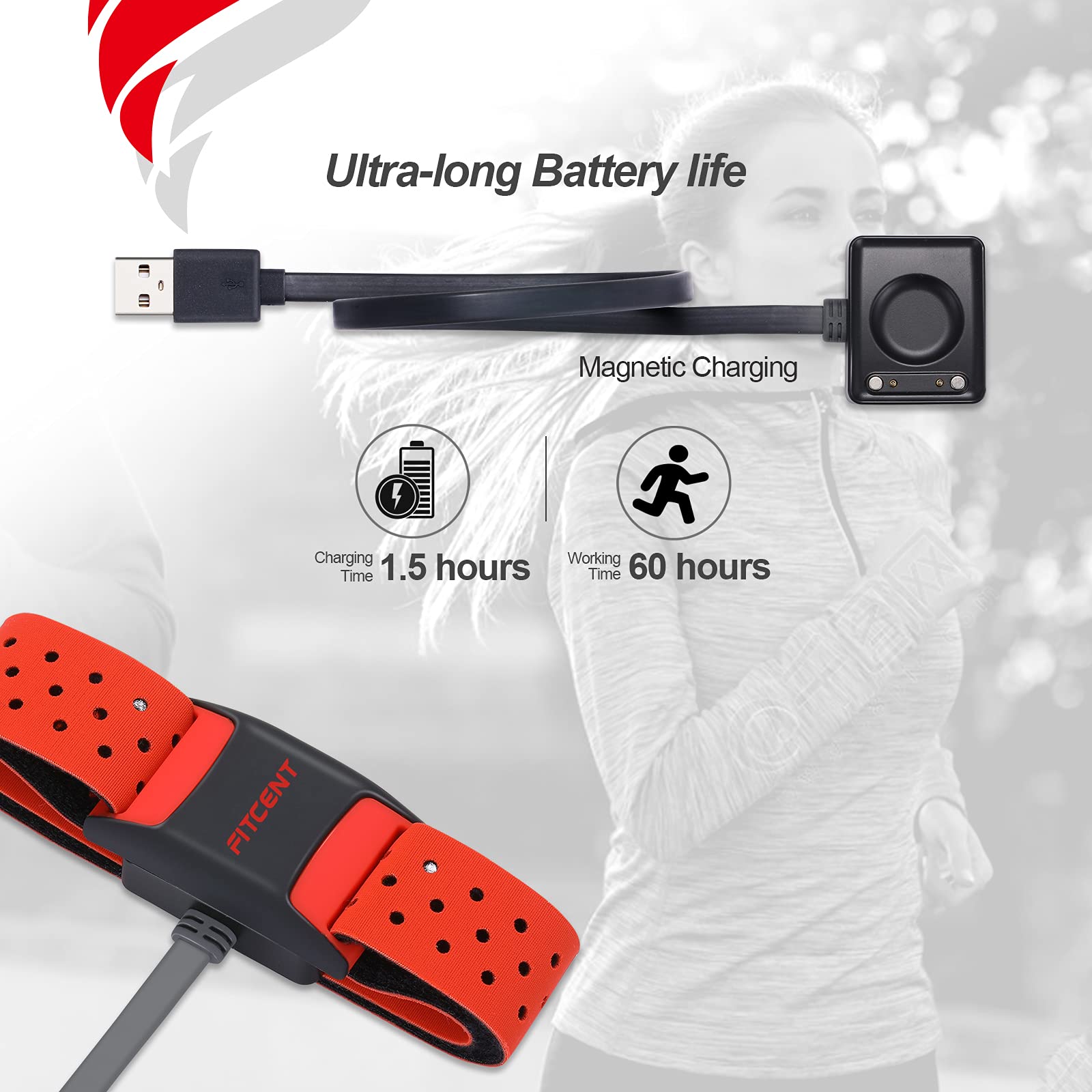 FITCENT Bluetooth ANT+ Heart Rate Monitor Armband - Rechargeable Optical HR Sensor for Peloton, Strava, Zwift, Polar Beat, Wahoo Fitness - Ideal for Running, Cycling, Yoga & Gym Workouts (Red)