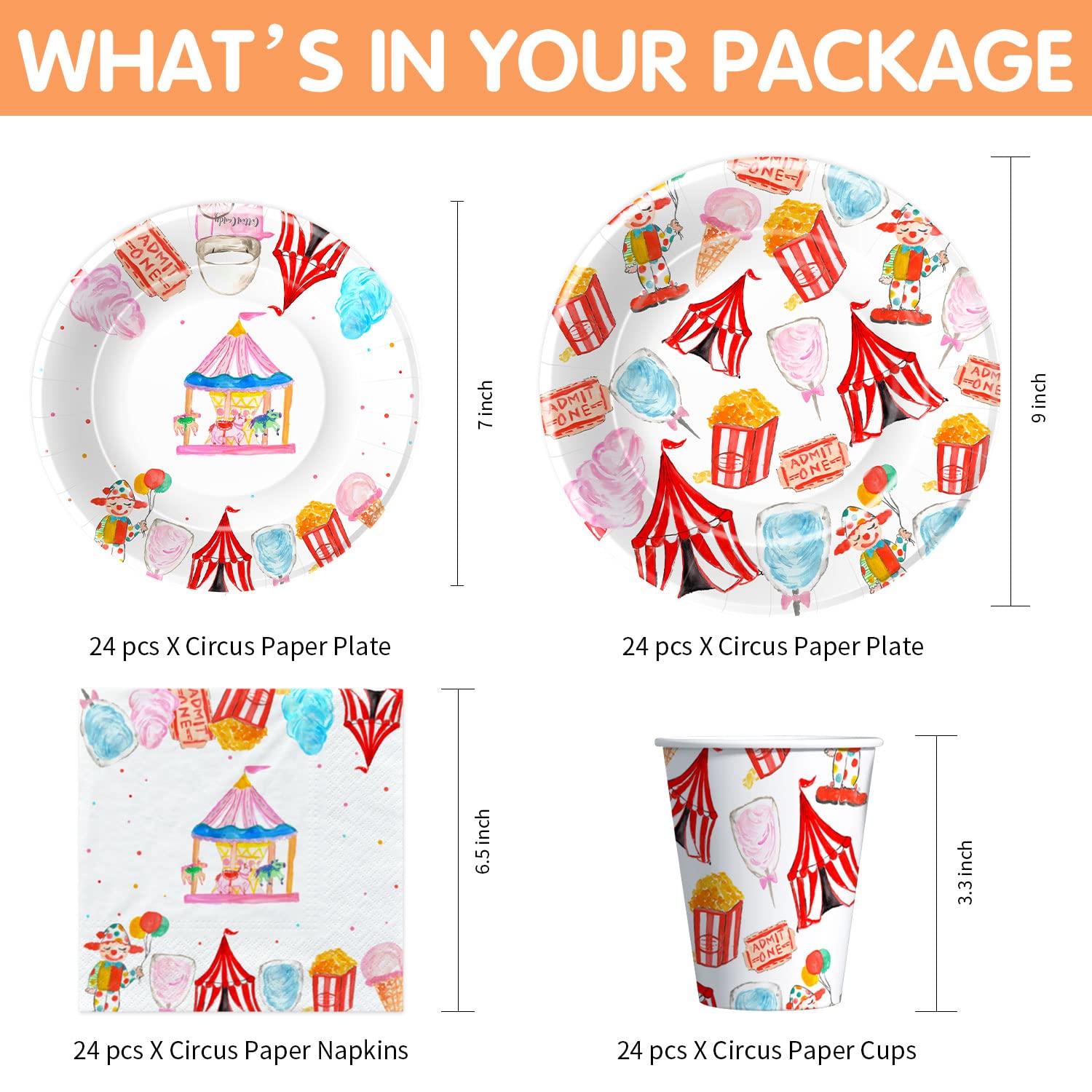 Circus Carnival Birthday Party Supplies Set - 24-Piece Dinnerware Kit with Plates, Cups & Napkins for Carnival Themed Decorations | Perfect for Kids Birthday Parties, Circus Events & Themed Celebrations