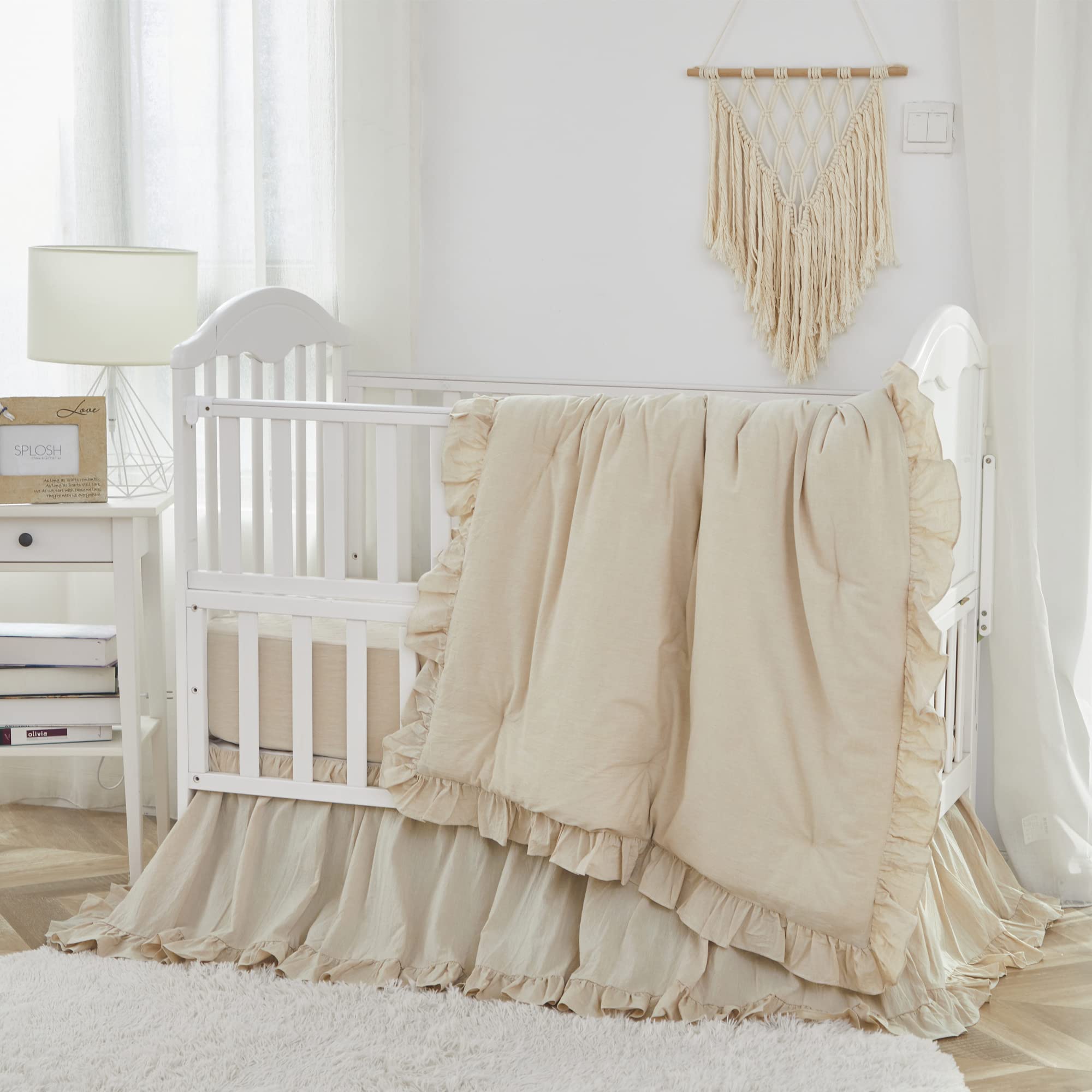 Brandream Gender Neutral Boho Bohemian Baby Crib Bedding Set - 3 Piece Washed Cotton Nursery Set in Solid Beige with Ruffles | Farmhouse Chic Unisex Design for Boys & Girls | Perfect for Cozy Nursery Decor and Baby Shower Gifts