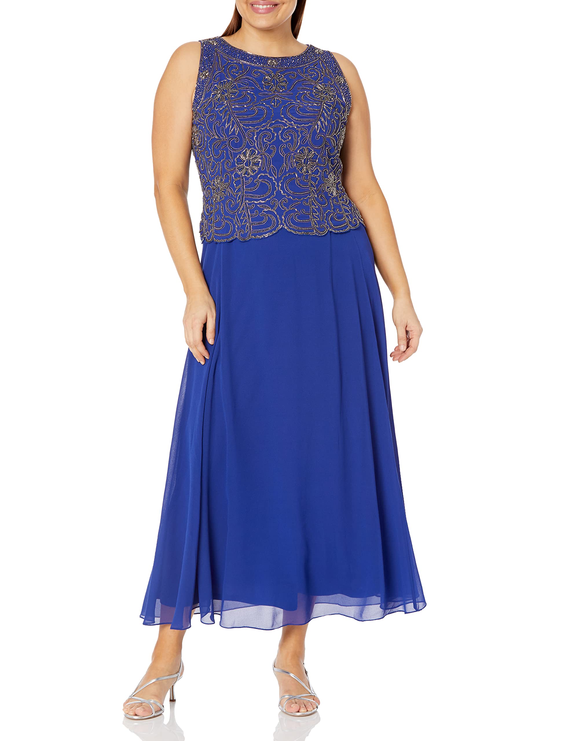 J Kara Women's Plus Size Sleeveless Scallop Neckline Beaded Maxi Dress with Detachable Scarf - Elegant Evening Gown for Weddings, Parties & Special Occasions