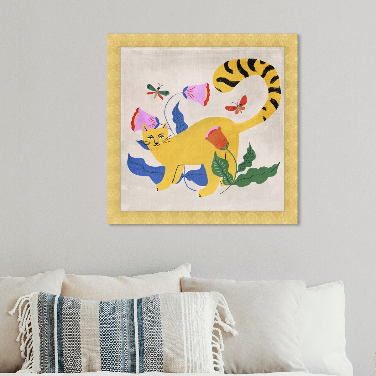 Blonde Tabby Floral Kitten Butterfly Garden Modern Yellow Framed Wall Art Print - Perfect for Bedroom, Nursery & Home Decor