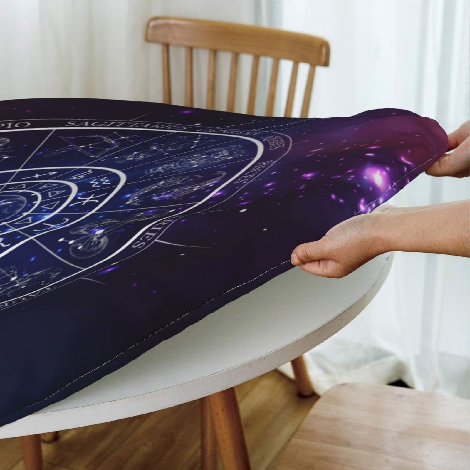 Galaxy Tarot Horoscope Wheel Tablecloth - Zodiac Round Elastic Edge Fitted Table Cover for 40