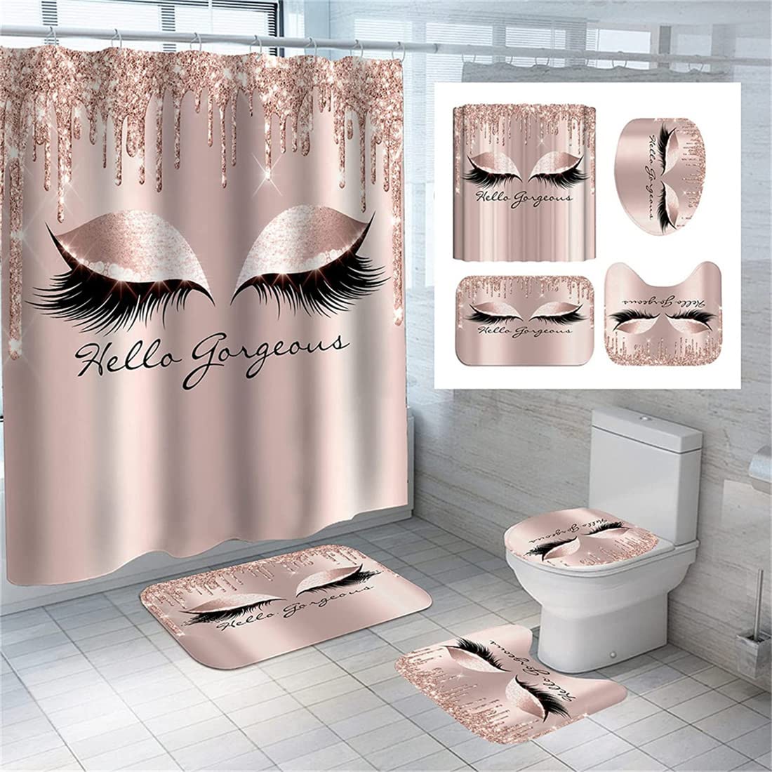 4PCS Black Women's Eyelash Shower Curtain Set with Rugs - Waterproof Bathroom Decor for African American Homes