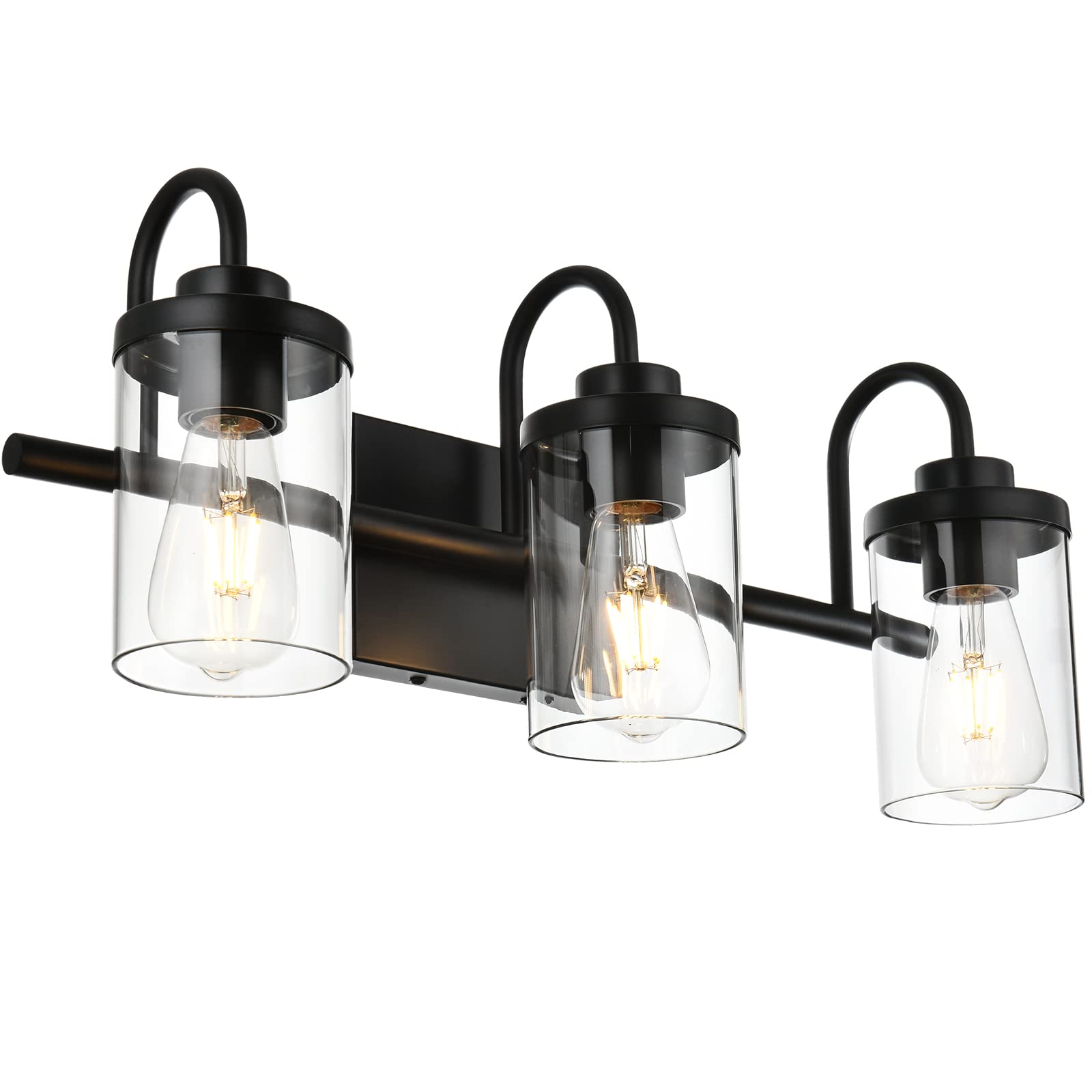 Farmhouse Bathroom Vanity Light Fixture - 3-Light Black Wall Sconce with Clear Glass Shades for Mirror & Cabinet Lighting - Perfect for Bathroom, Dressing Room & Makeup Area