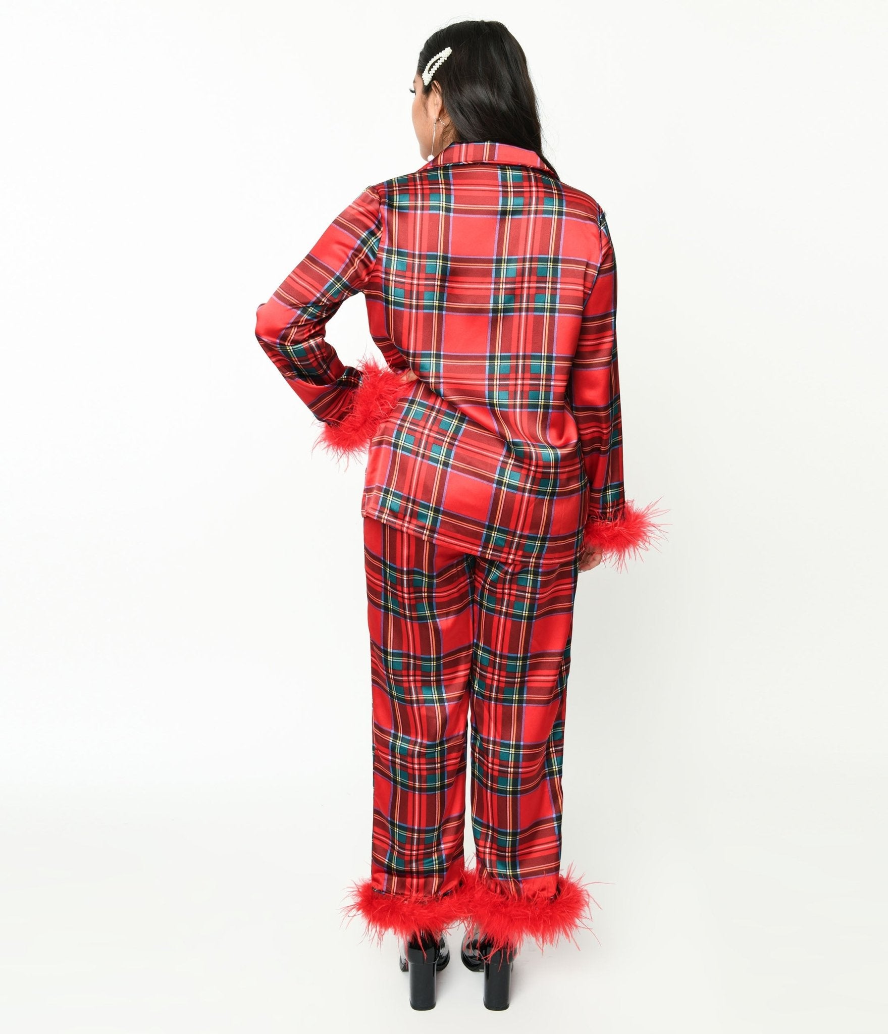 Red Tartan & Feather Trim Pajama Set - Cozy Women's Sleepwear for Christmas, Winter Nights & Loungewear