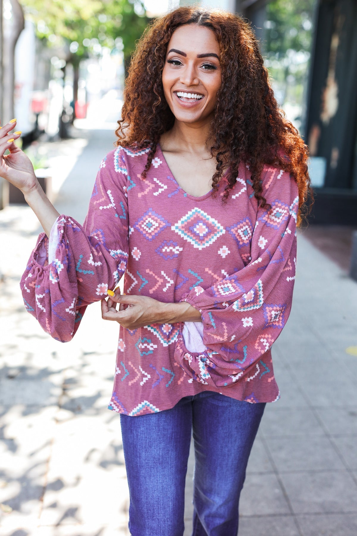 Boho Chic Elastic Long Sleeve Aztec Print V-Neck Pullover Sweater | Women's Casual Knit Top for Fall & Winter | Perfect for Music Festivals, Date Nights & Cozy Layering