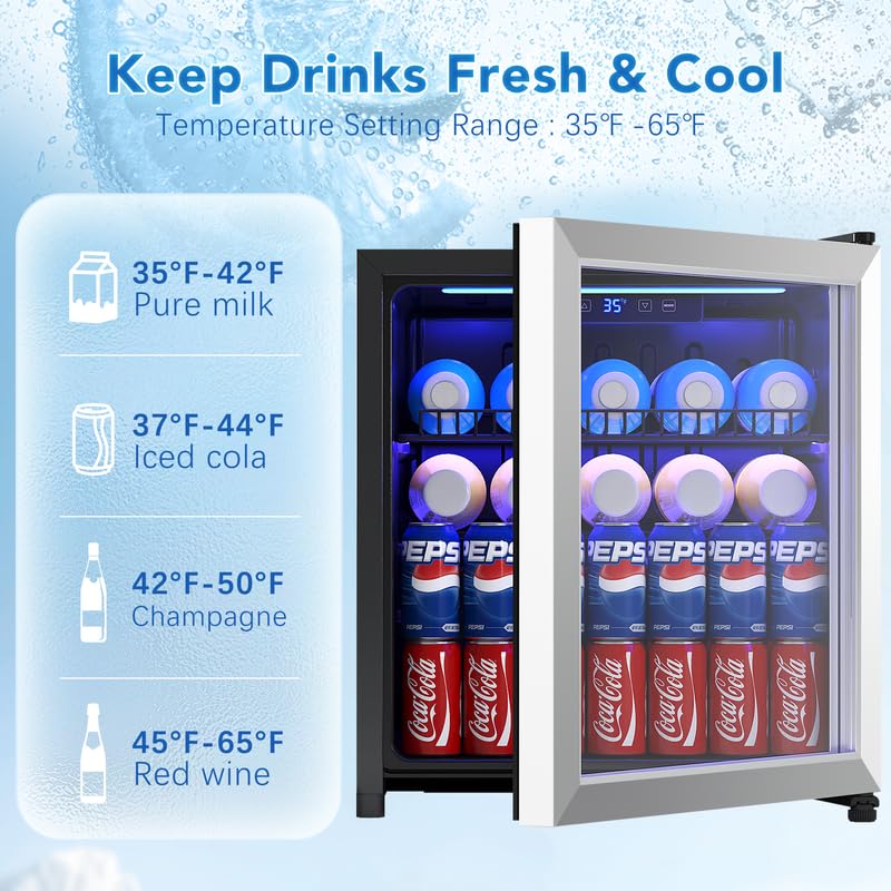 1.75 Cu.Ft Mini Beverage Fridge with Glass Door - Adjustable Shelves & Digital Temperature Display - Holds 16 Bottles or 68 Cans - Perfect for Wine, Beer & Drink Storage in Home, Office or Bar