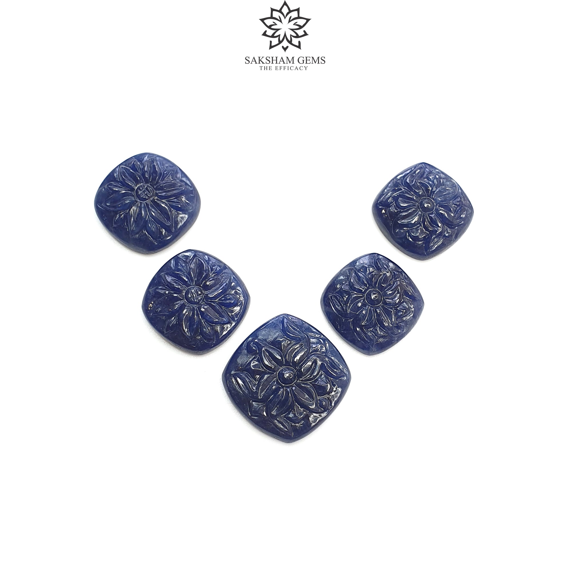 Natural Deep Blue Sapphire Gemstone Carving - 63.30cts Untreated Unheated Hand-Carved Cushion Shape (17x15mm to 20x18mm, 5 Pieces) for Jewelry Making, Collection & Luxury Gifts