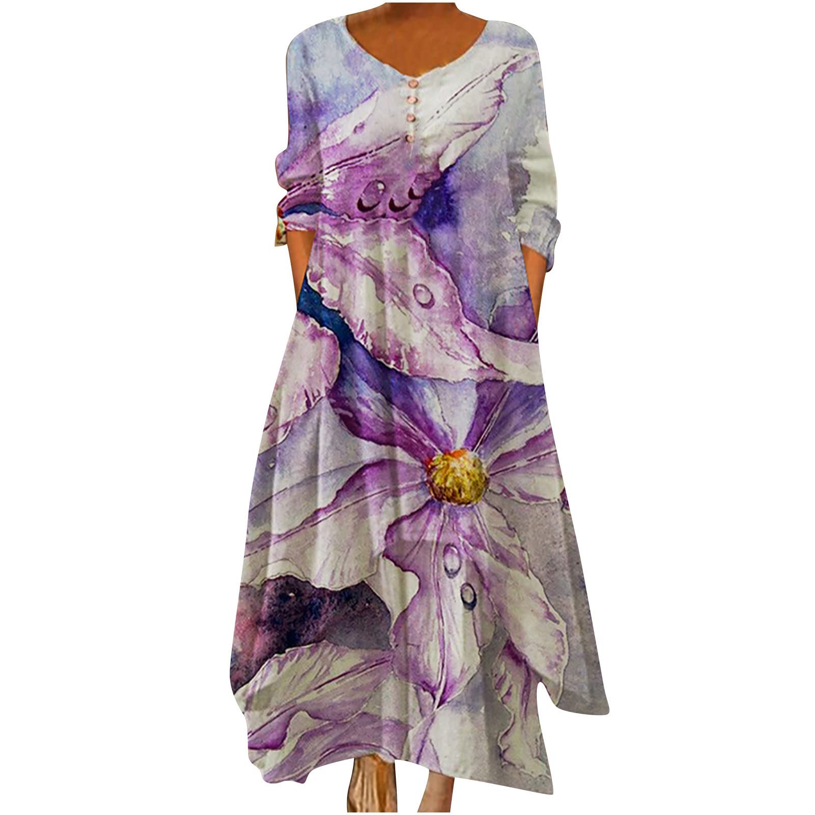 **Plus Size Floral Print Vintage Sundress for Women - Long Sleeve Round Neck Beach Dress - Perfect for Summer Vacations, Beach Outings & Casual Wear**
