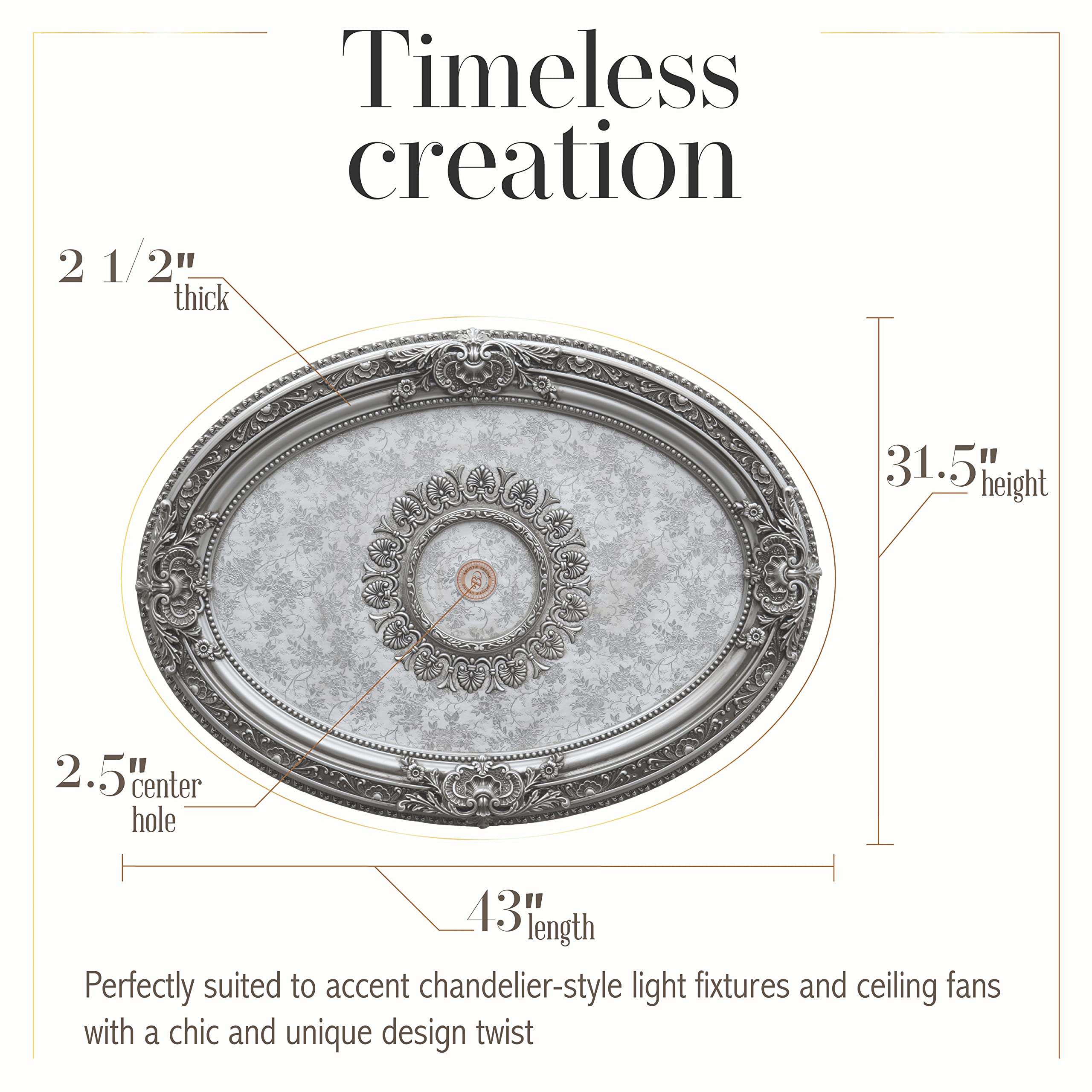 43 Inch Silver Petite Oval Round Chandelier Ceiling Medallion - Elegant Fan Medallion for Dining Room, Bedroom & Living Room Lighting Decor