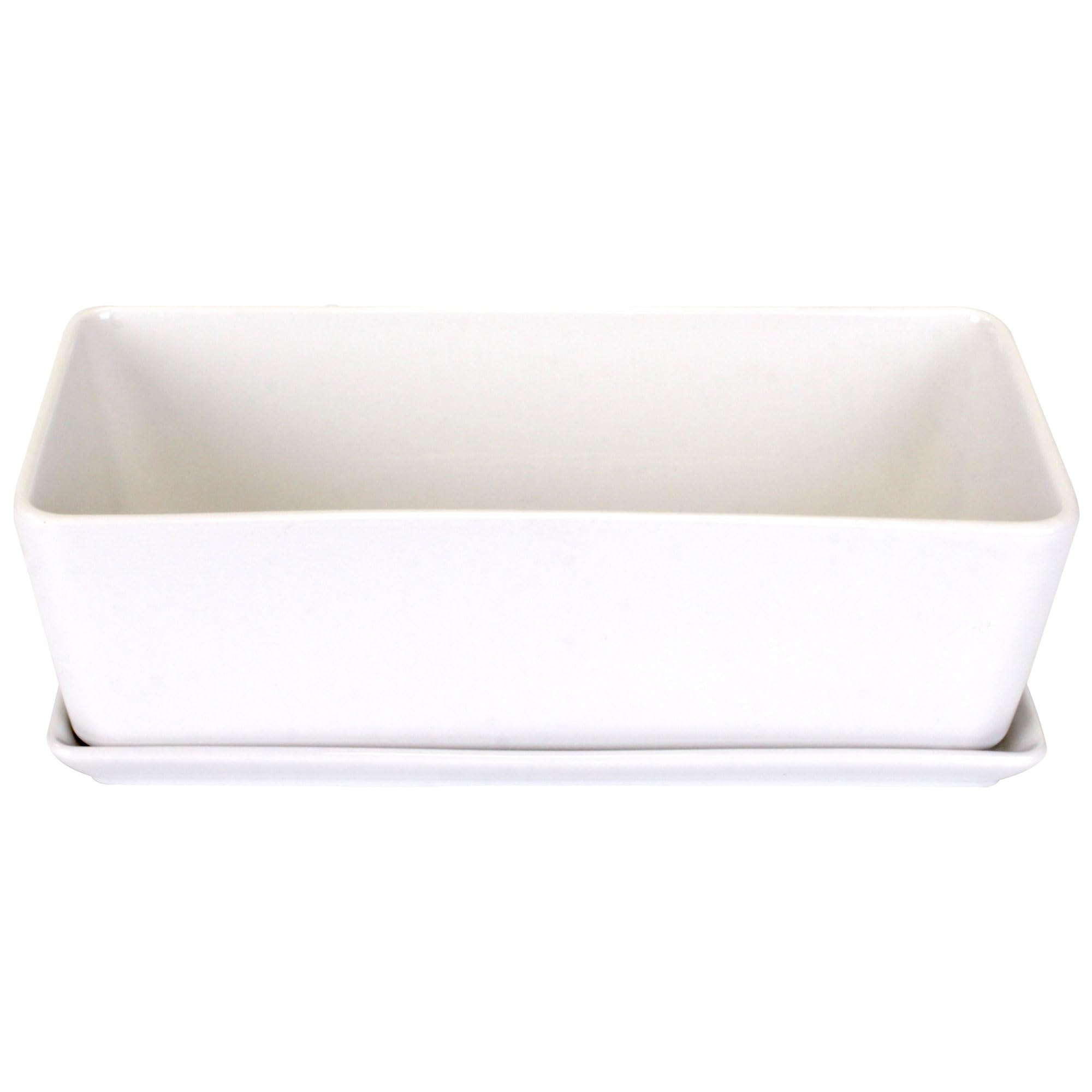 BambooMN White Ceramic Succulent Planter Pot with Drainage Tray - 10.1 Inch Short Rectangle Flower Pot for Indoor Plants, Home Decor, Office Desk, and Garden Succulents