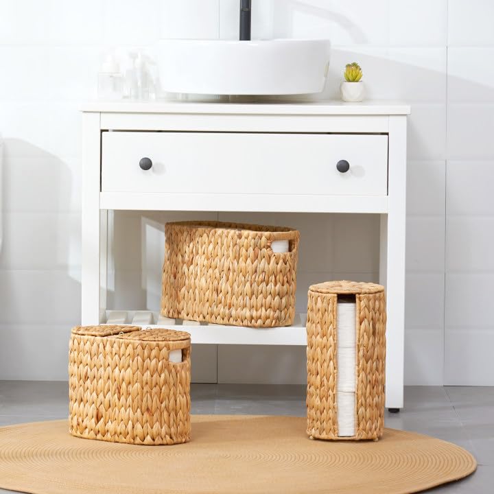 ELONG HOME Water Hyacinth Wicker Toilet Paper Storage Holder - Holds 6 Rolls with Built-in Handles | Bathroom Organizer for Toilet Paper Storage | Perfect for Bathroom, Vanity, and Guest Room Organization