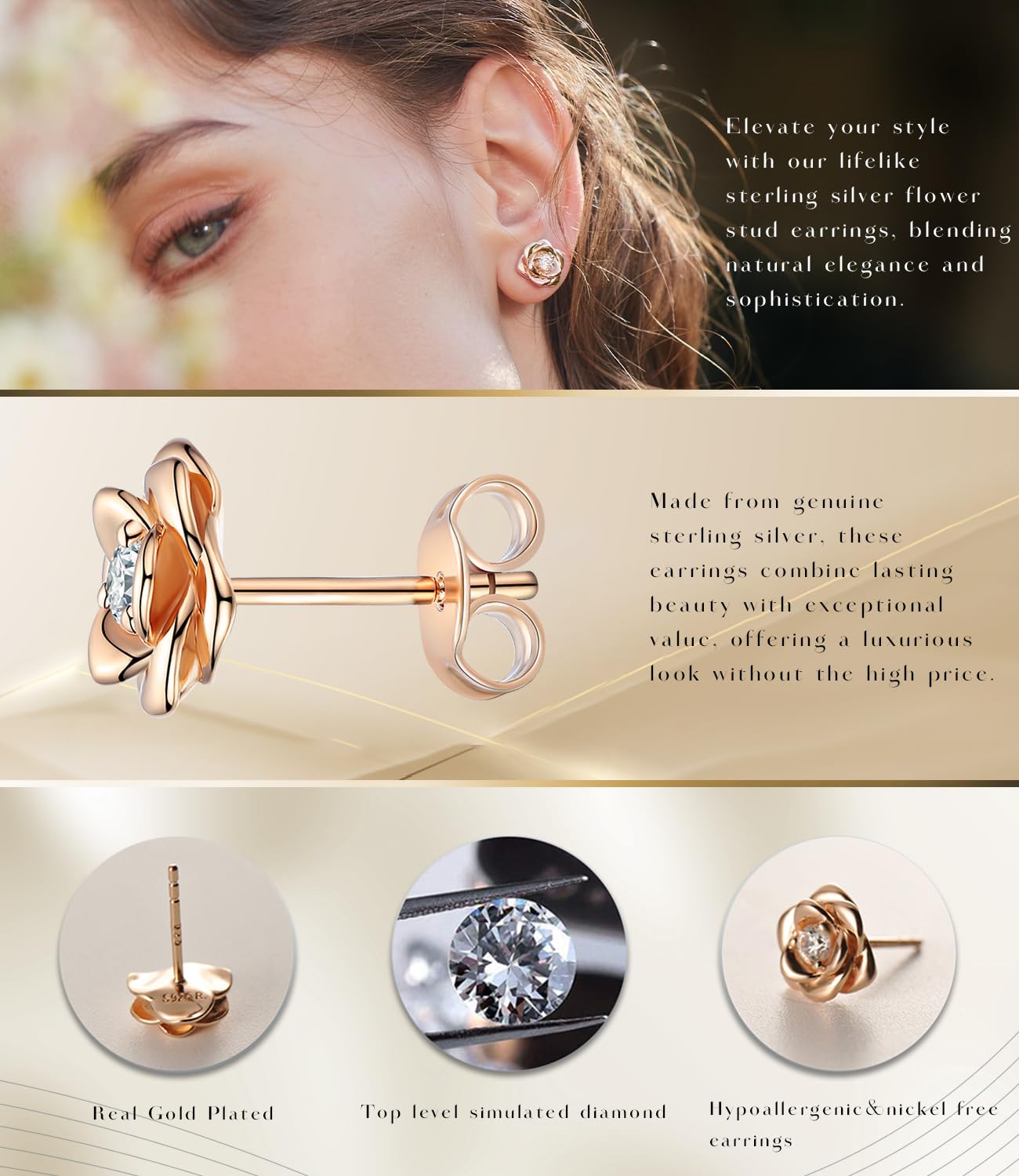 Hypoallergenic Gold Plated Sterling Silver Rose Flower Earrings for Women | Nickel Free Stud Earrings | Perfect for Weddings, Date Nights & Special Occasions