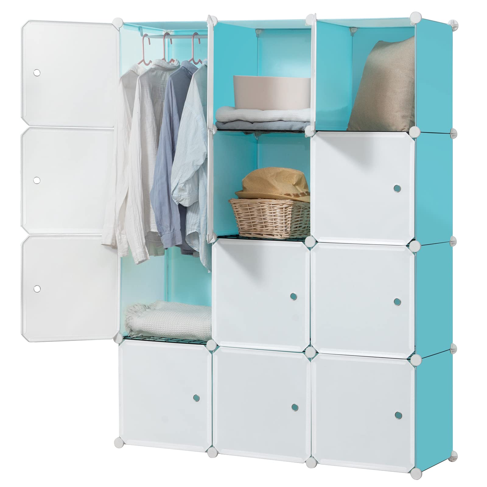 Portable Wardrobe Closet with Doors - 12-Cube Modular Storage Cabinet for Clothes, Books, Toys & Towels | Space-Saving Bedroom Armoire & Closet Organizer | Perfect for Small Apartments, Dorms & Kids Rooms (Blue)