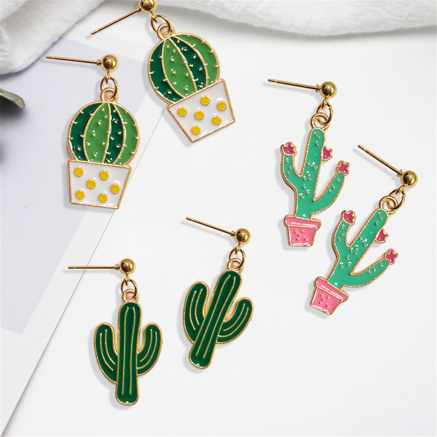 3 Pairs Unique Handmade Lightweight Funny Green Cactus Enamel Drop Earrings for Women - Sweet Creative Potted Plant Stud Earrings - Perfect for Boho Style, Summer Outfits & Gift Giving