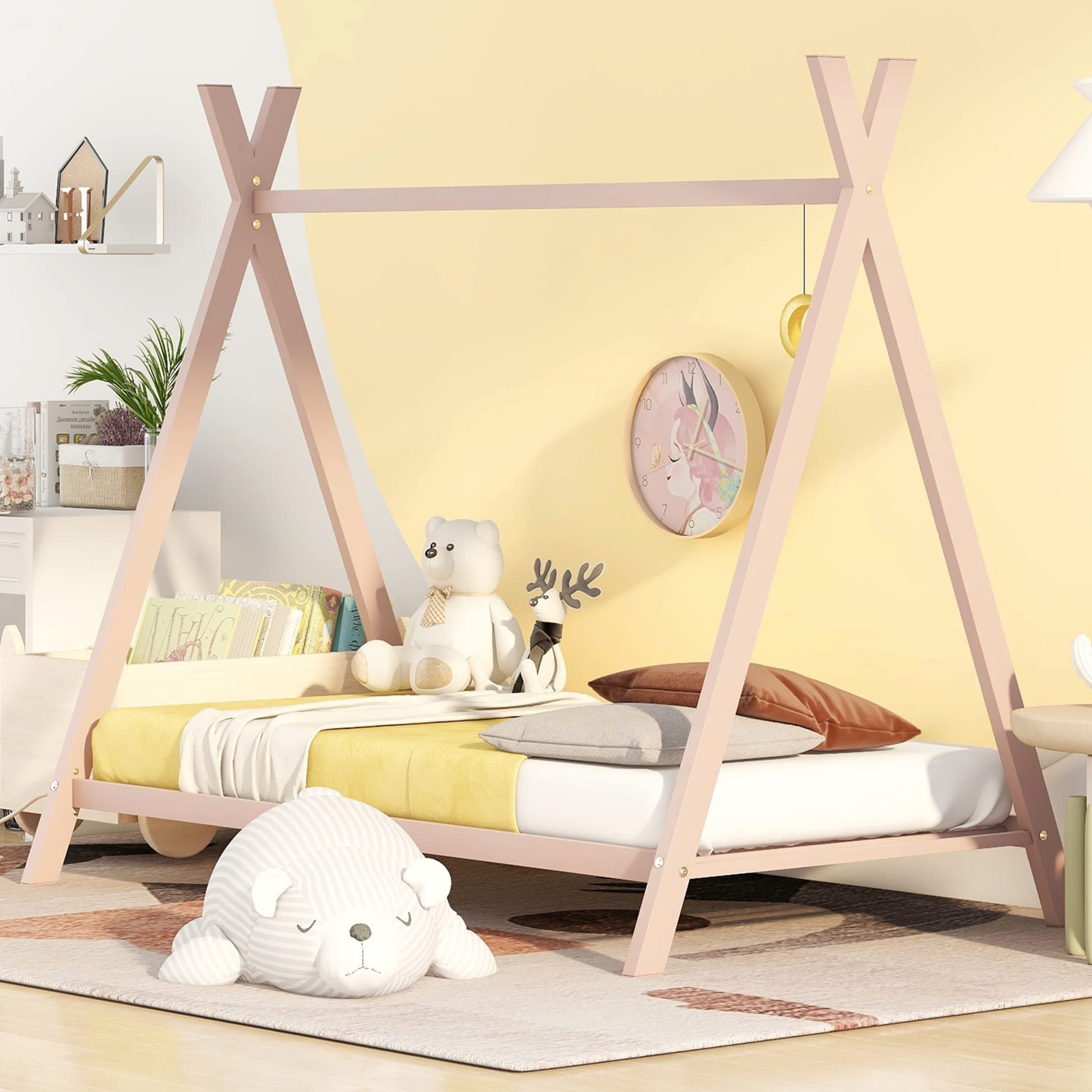 Montessori Twin Teepee Bed Frame - Metal Toddler House Floor Bed for Kids, Boys & Girls (Pink) | Perfect for Playrooms, Bedrooms & Montessori Learning Spaces