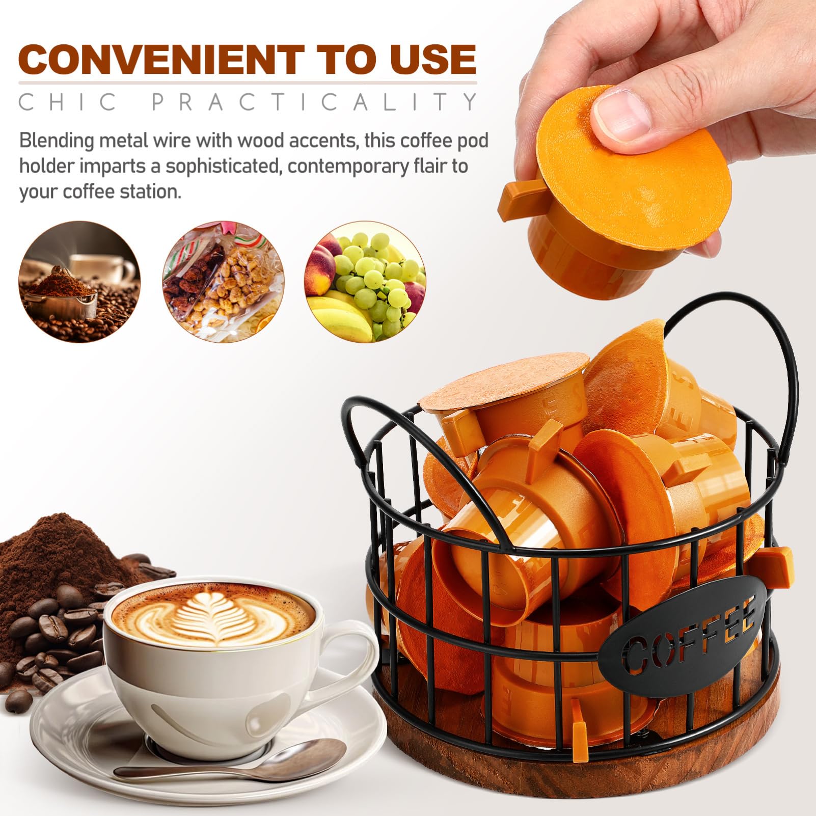 Sturdy Wire Coffee Pod Holder with Wooden Base & Handles - Countertop Storage Organizer for Keurig K-Cups & Nespresso Capsules - Perfect for Home, Hotel, Coffee Bar & Office Use