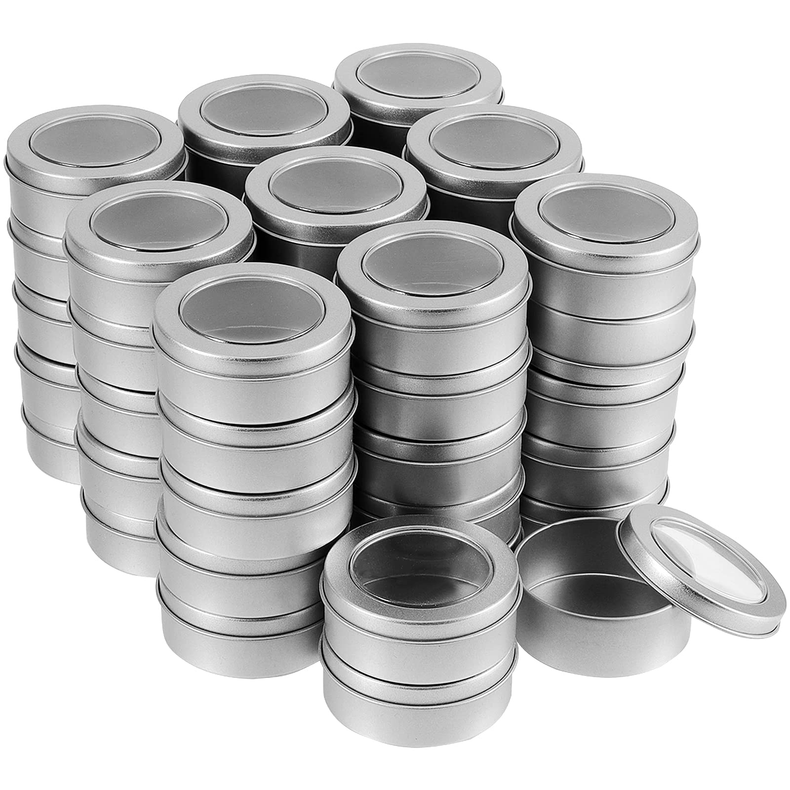 48 Pack 2 oz Round Metal Tins with Clear Window Lid - Empty Small Silver Containers for Lip Balm, Cosmetics, Cream & DIY Crafts | Perfect for Wedding Favors, Party Supplies & Travel Storage