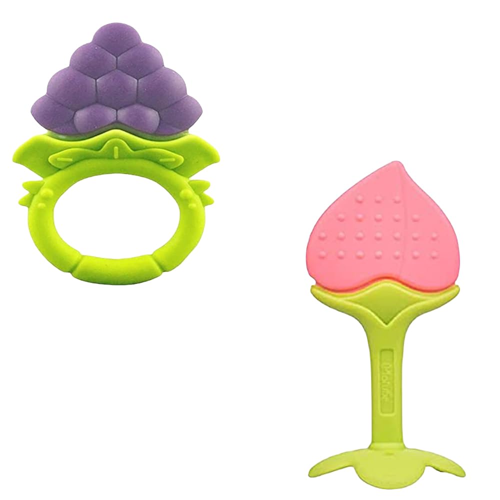 Joy Buzz Fruit Teether & Teether Combo - BPA-Free Silicone Baby Teething Toys for 0-12 Months | Soft & Safe Infant Gum Massagers for Soothing Sore Gums | Perfect for Home, Travel & Daycare (Blue & Peach)