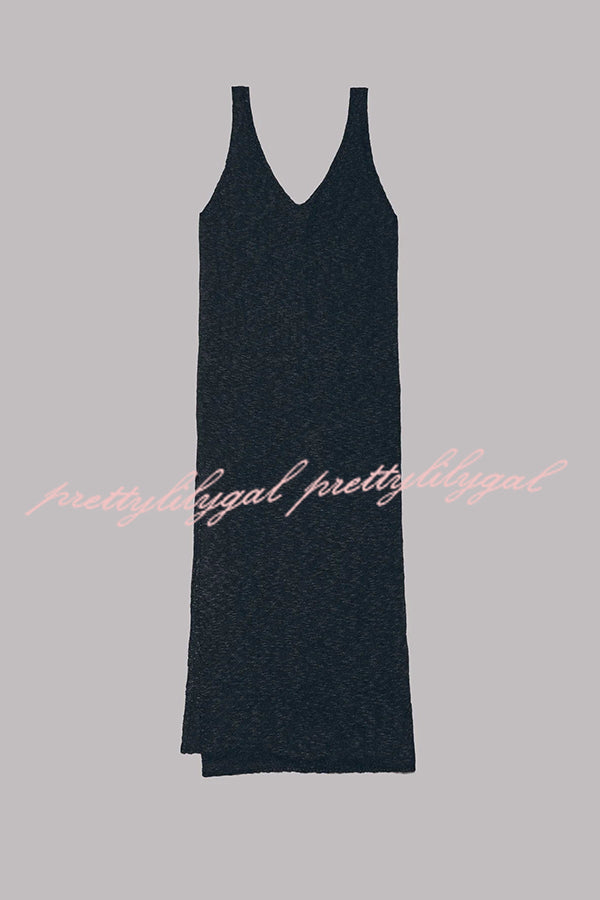 Vacation Breeze Knit Slit Loose Tank Midi Dress - Summer Beach Dress for Women, Casual Sleeveless Flowy Dress for Travel, Vacation, and Outdoor Activities