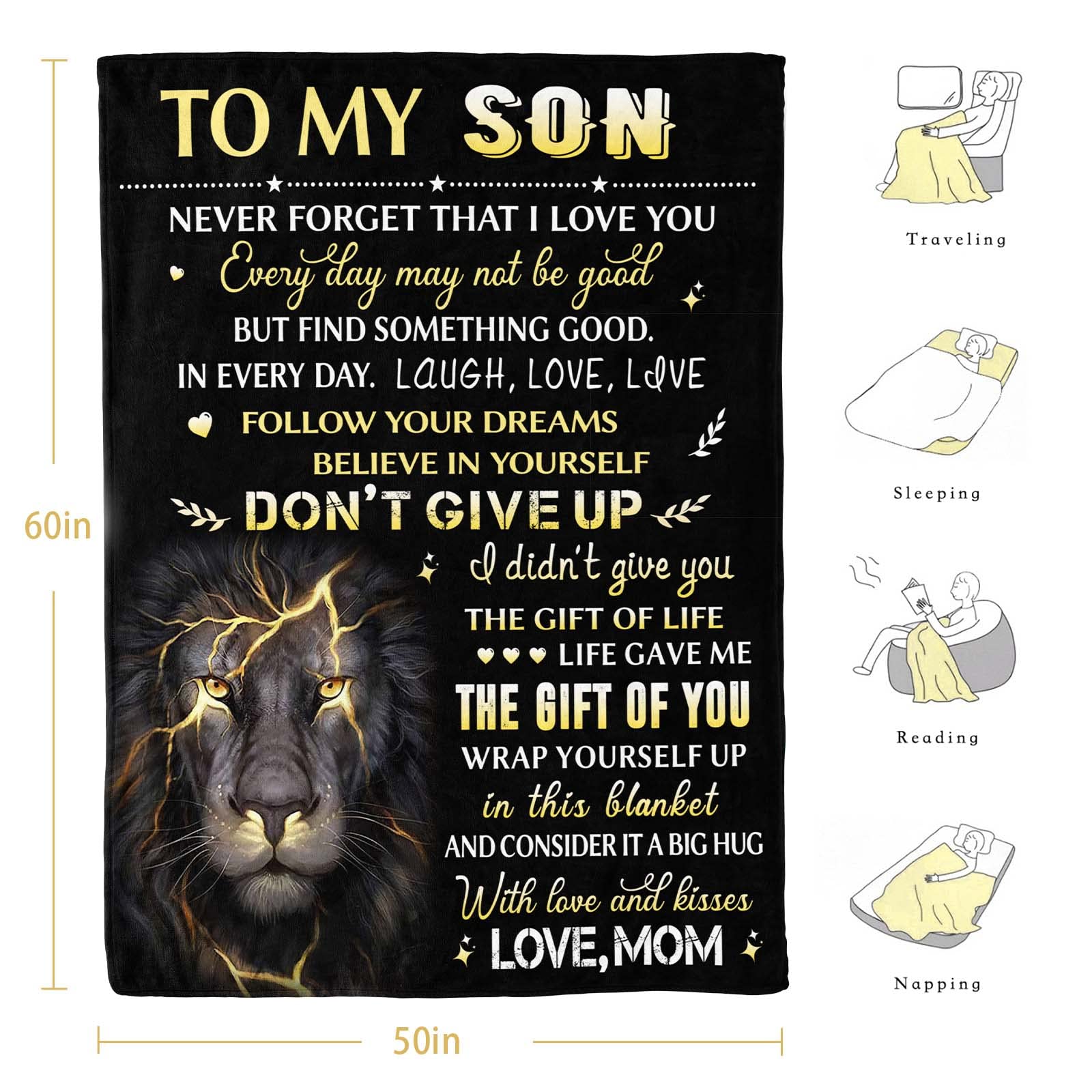 Mom to Son Blanket - 60x50 Inch Throw for Birthday, Graduation, Valentines