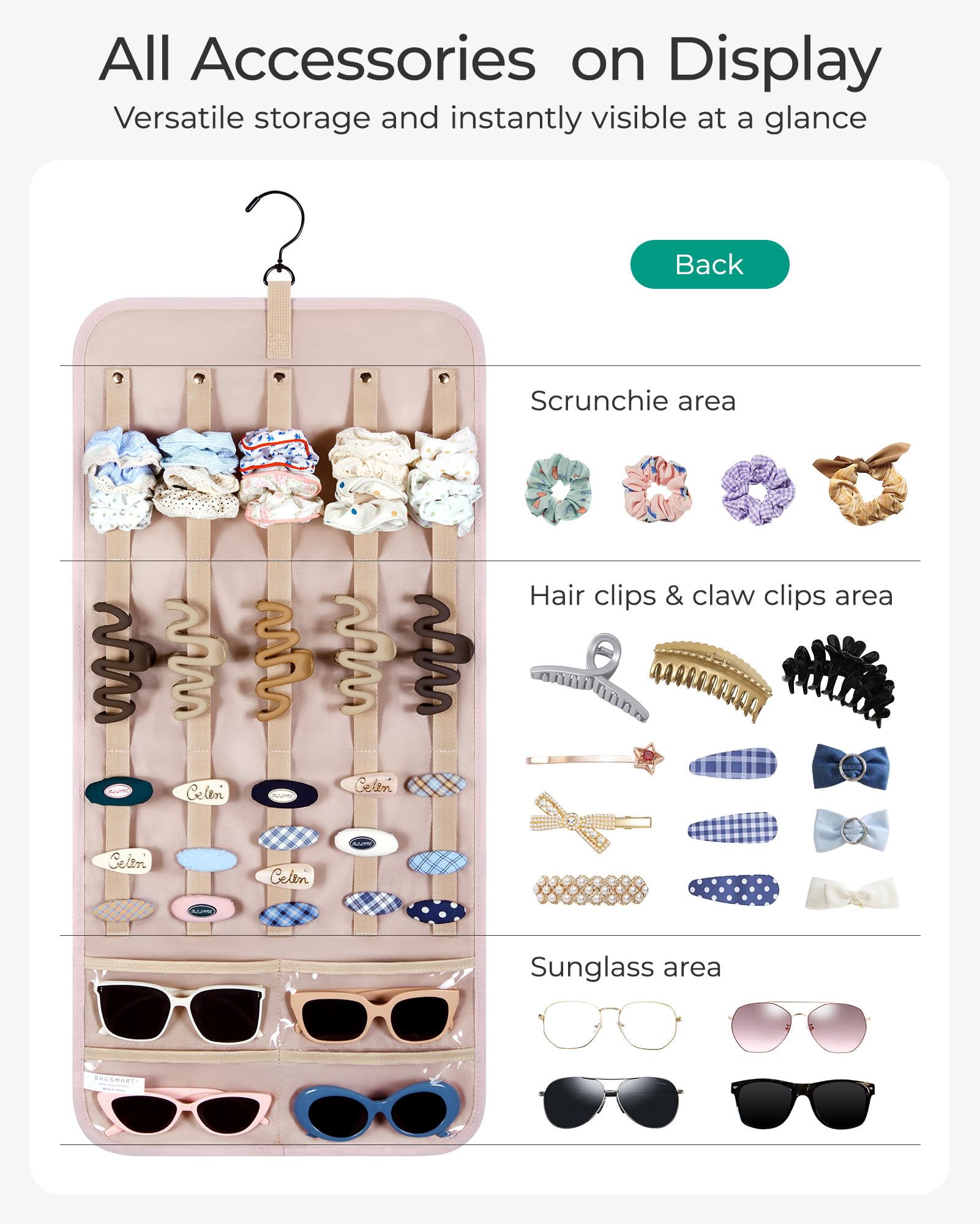 BAGSMART Double-Sided Hanging Jewelry Organizer - Claw Clip Holder for Headbands, Sunglasses, Hair Clips & Accessories - Space Saving Wall, Closet & Door Storage (Large, Baby Pink) - Perfect for Bedroom, Bathroom & Travel Organization