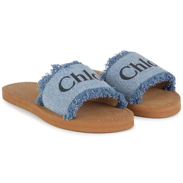 Chloe Women's Denim Blue Logo Slide Sandals - Comfortable Casual Slides for Summer, Beach, and Everyday Wear