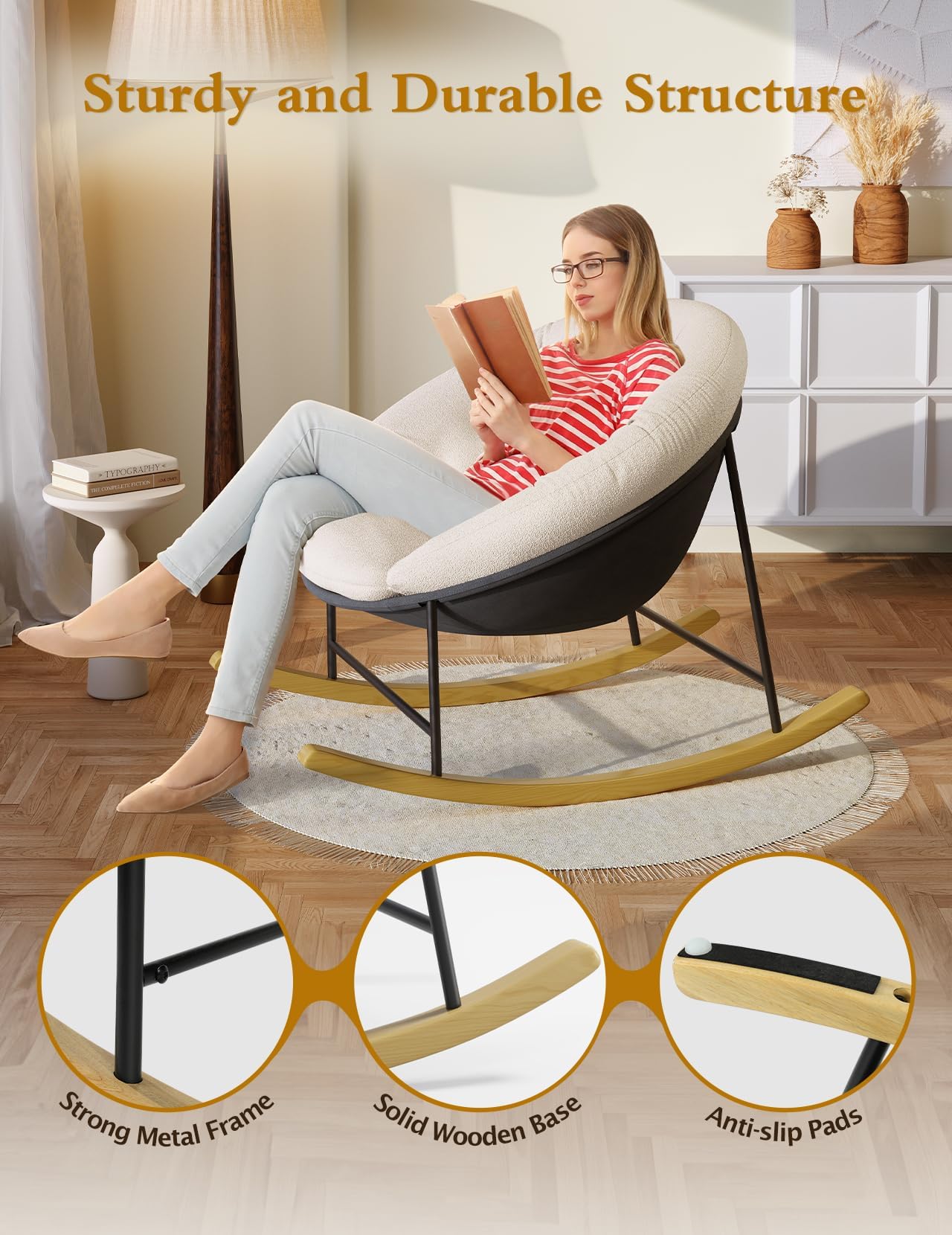 Kidirect Modern Upholstered Nursery Rocking Chair with Cozy Cushion - Comfortable Baby Rocker & Saucer Sofa Chair for Reading, Nursing, and Relaxing - Perfect for Nursery, Living Room, Bedroom (Beige)